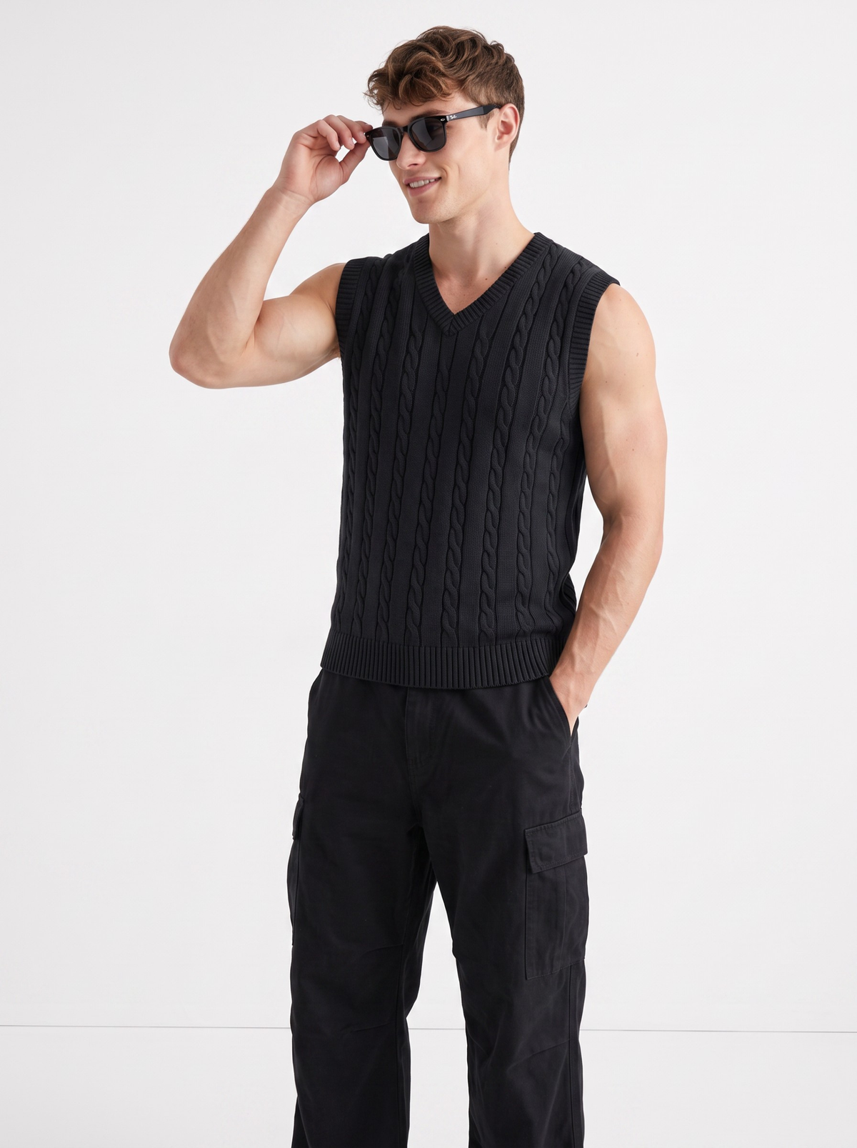 Noir Cable Knit V-Neck Vest - Black by Cord Cult - side view