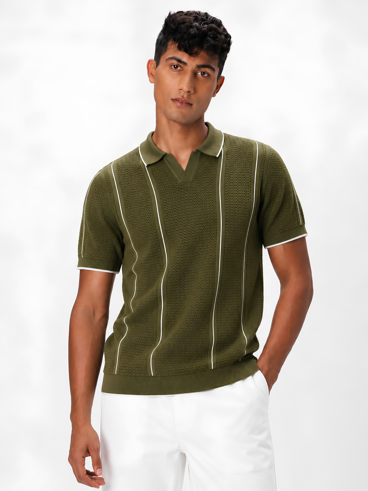Fieldline Open Knit Stripe Polo - Olive Green by Cord Cult - on-model view