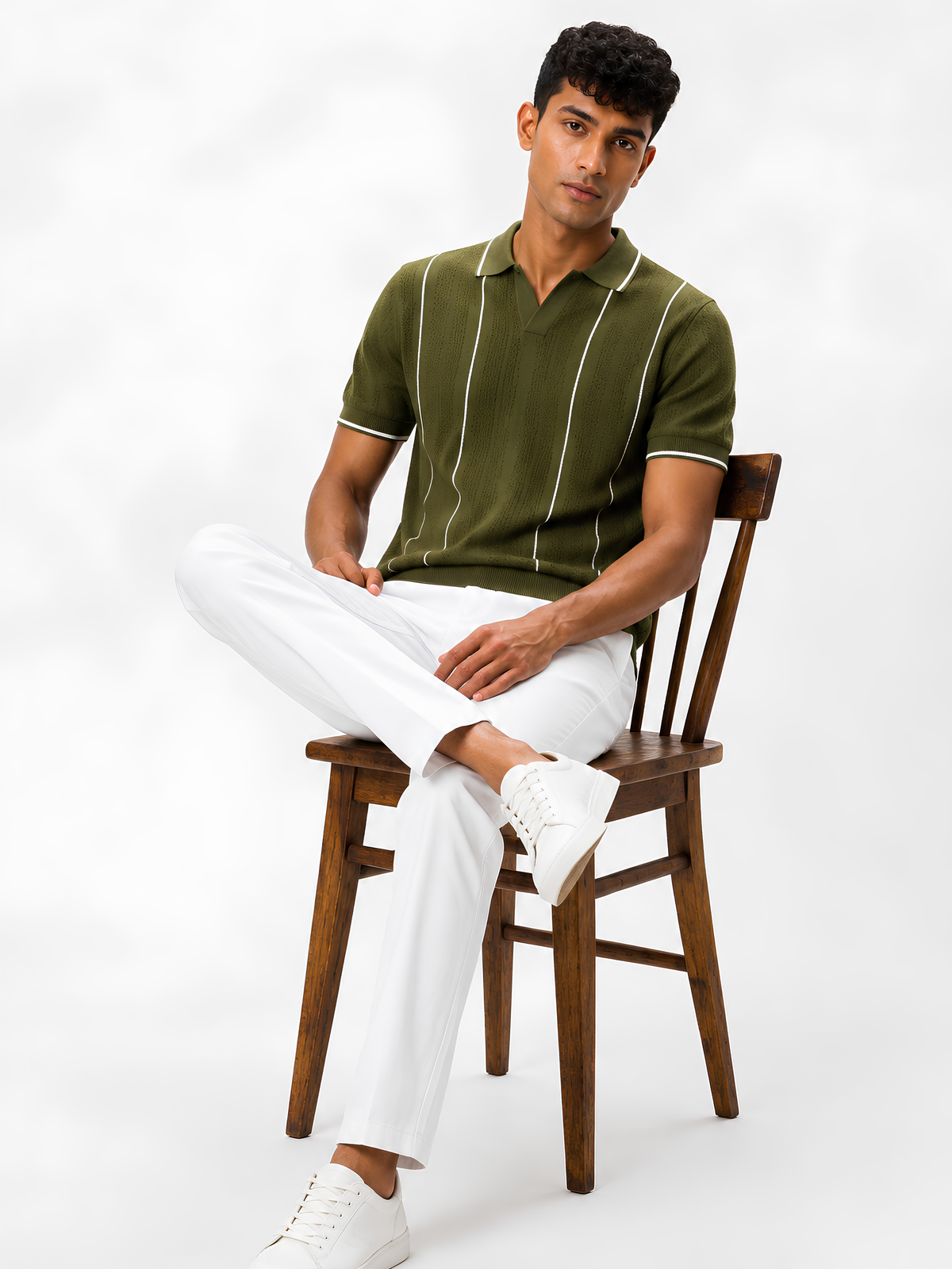 Fieldline Open Knit Stripe Polo - Olive Green by Cord Cult - styled view