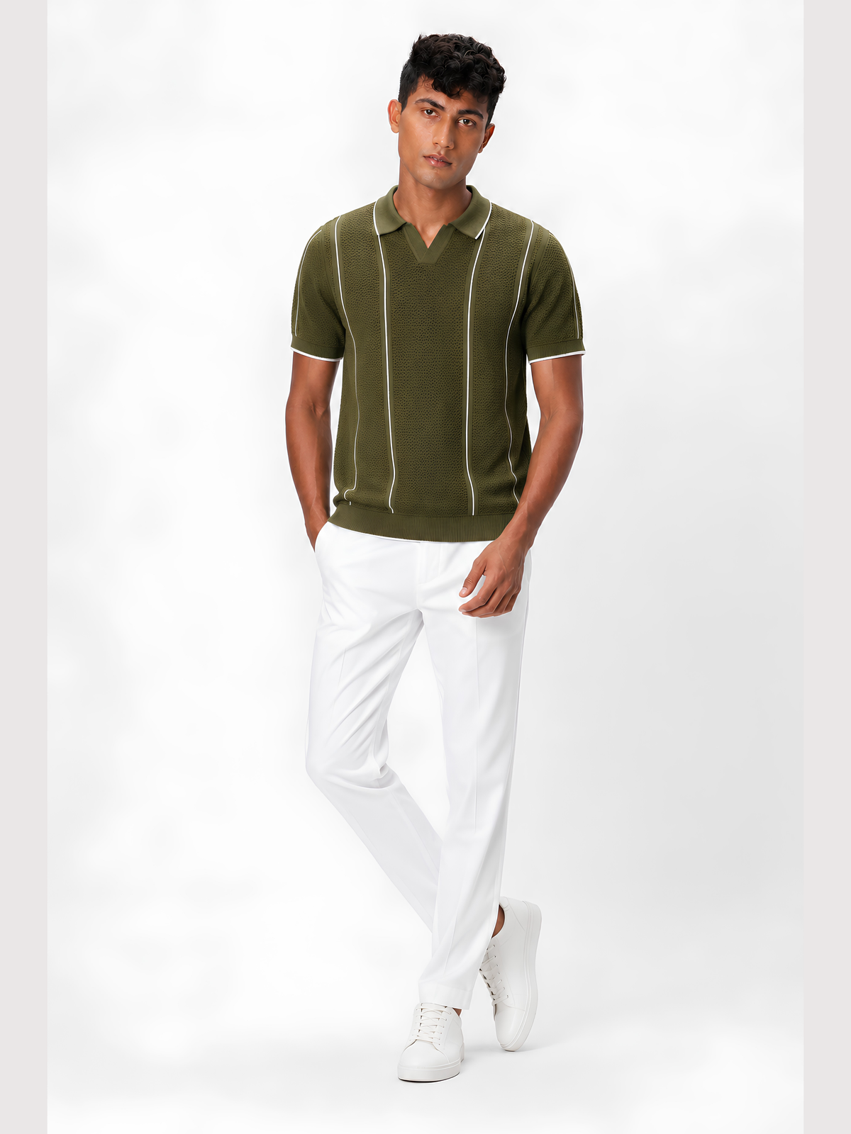 Fieldline Open Knit Stripe Polo - Olive Green by Cord Cult - side view