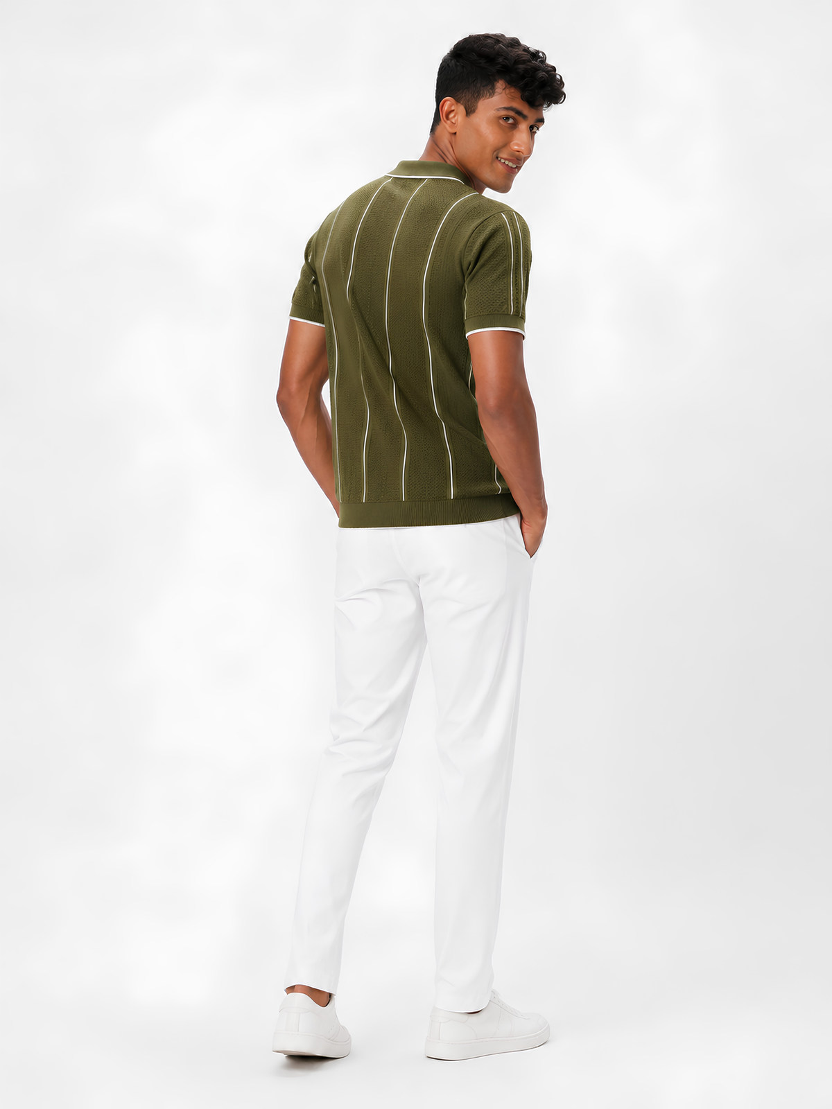 Fieldline Open Knit Stripe Polo - Olive Green by Cord Cult - back view