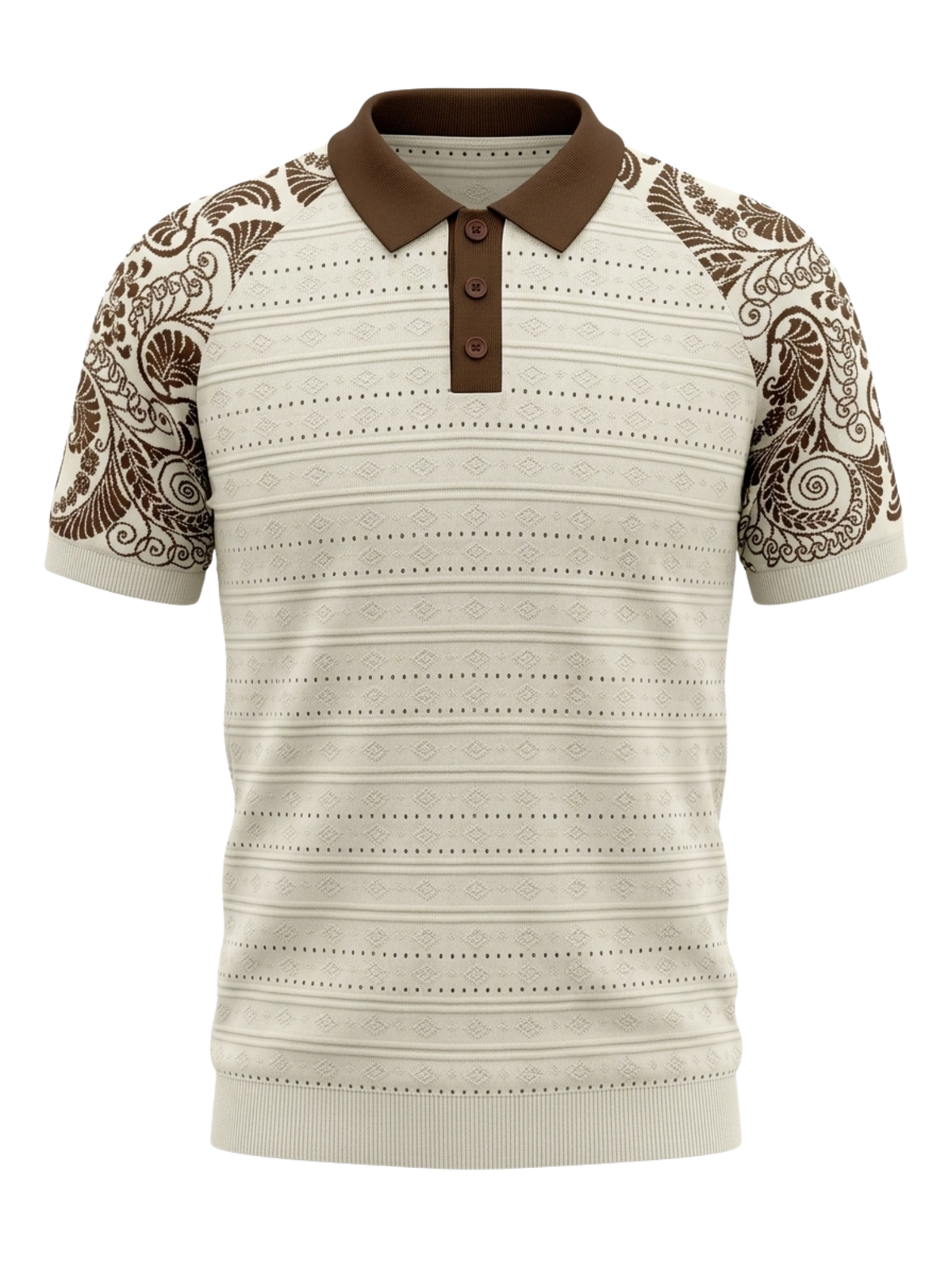 Ivory Paisley Sleeve Knit Polo - Cream & Brown by Cord Cult - front view