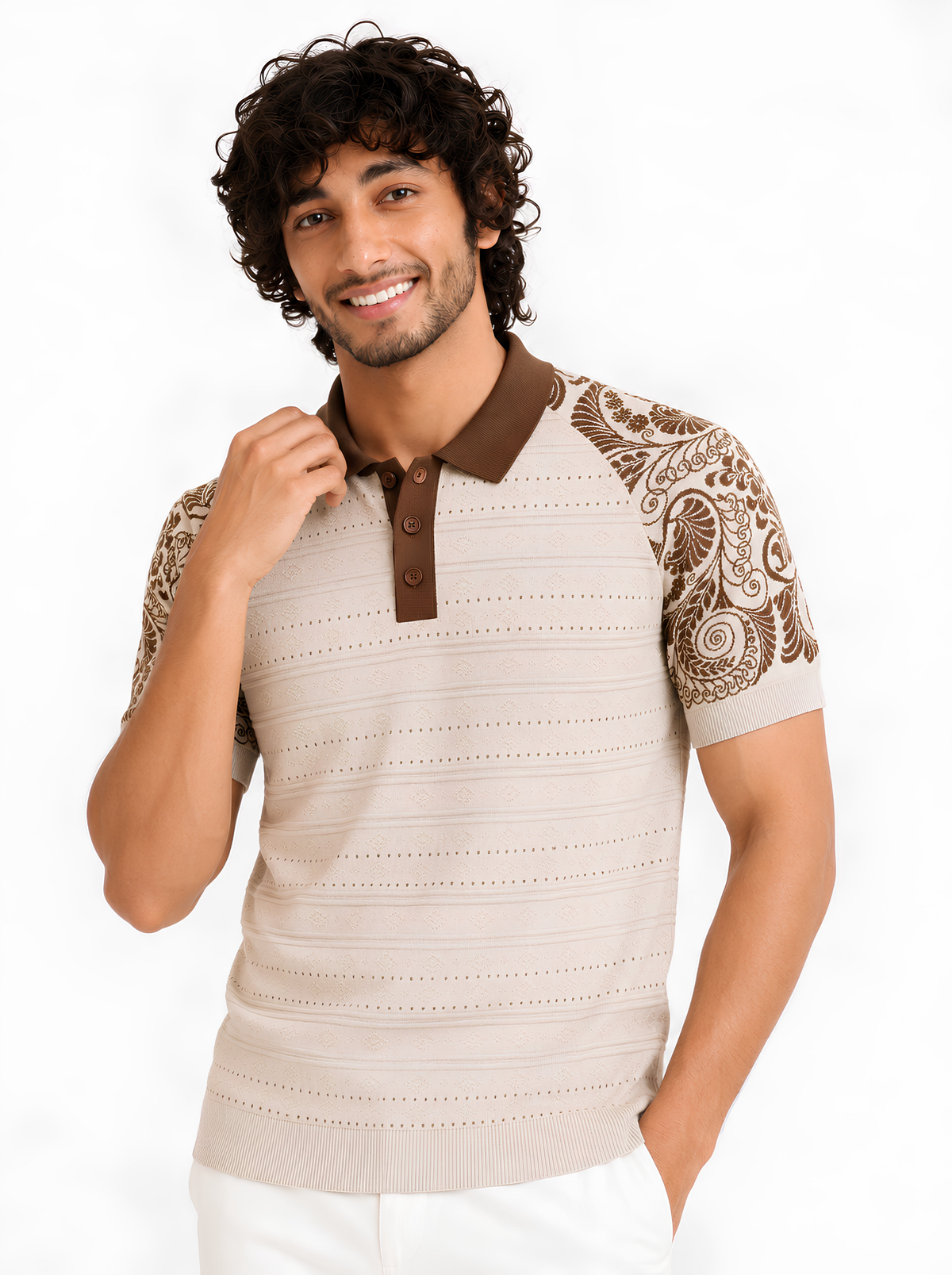 Ivory Paisley Sleeve Knit Polo - Cream & Brown by Cord Cult - on-model view