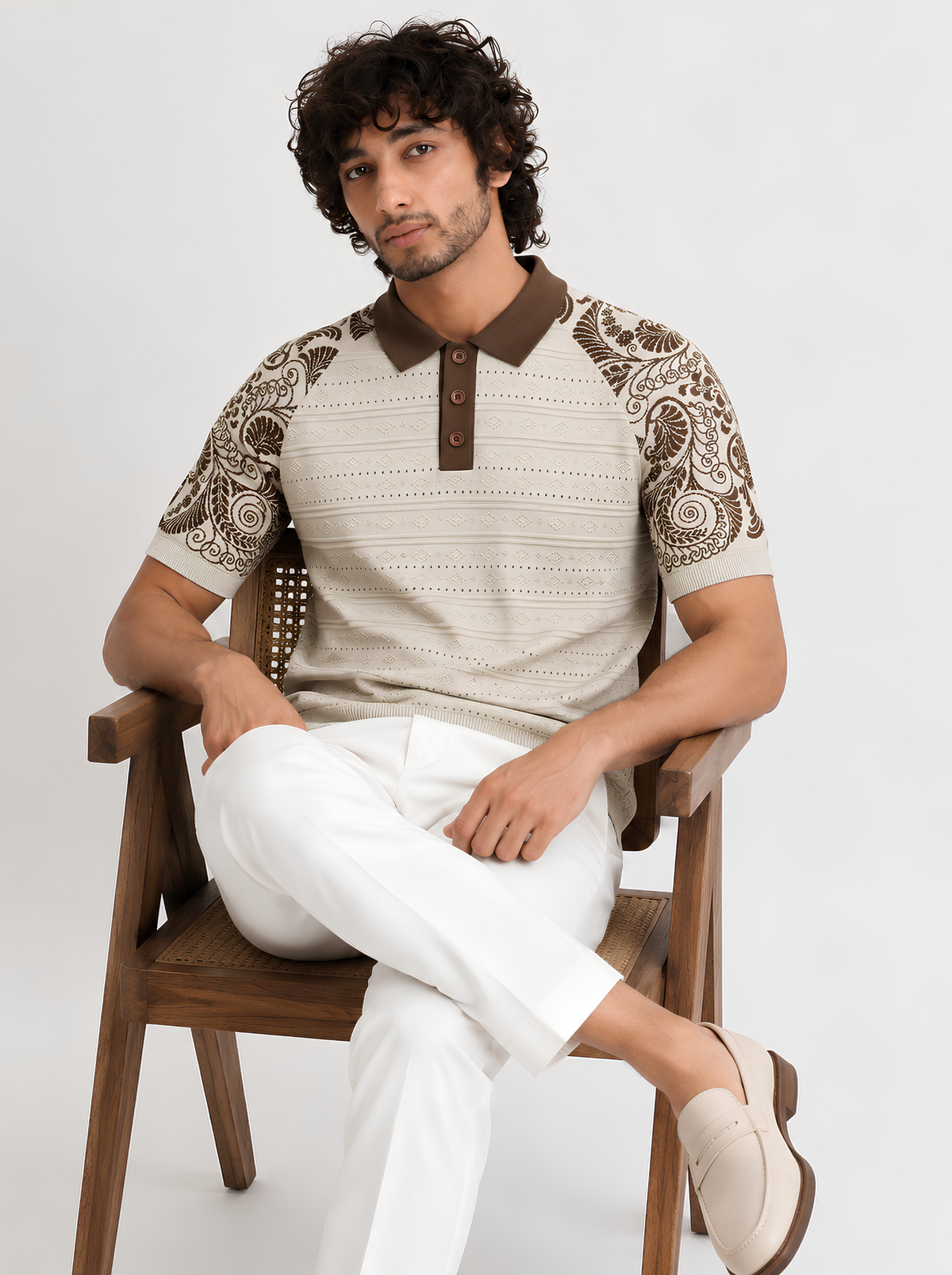 Ivory Paisley Sleeve Knit Polo - Cream & Brown by Cord Cult - styled view