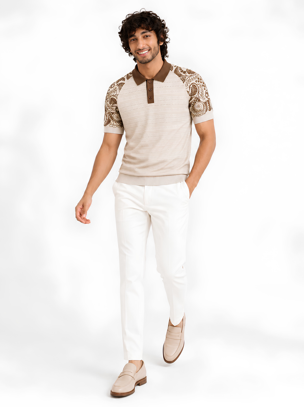 Ivory Paisley Sleeve Knit Polo - Cream & Brown by Cord Cult - side view