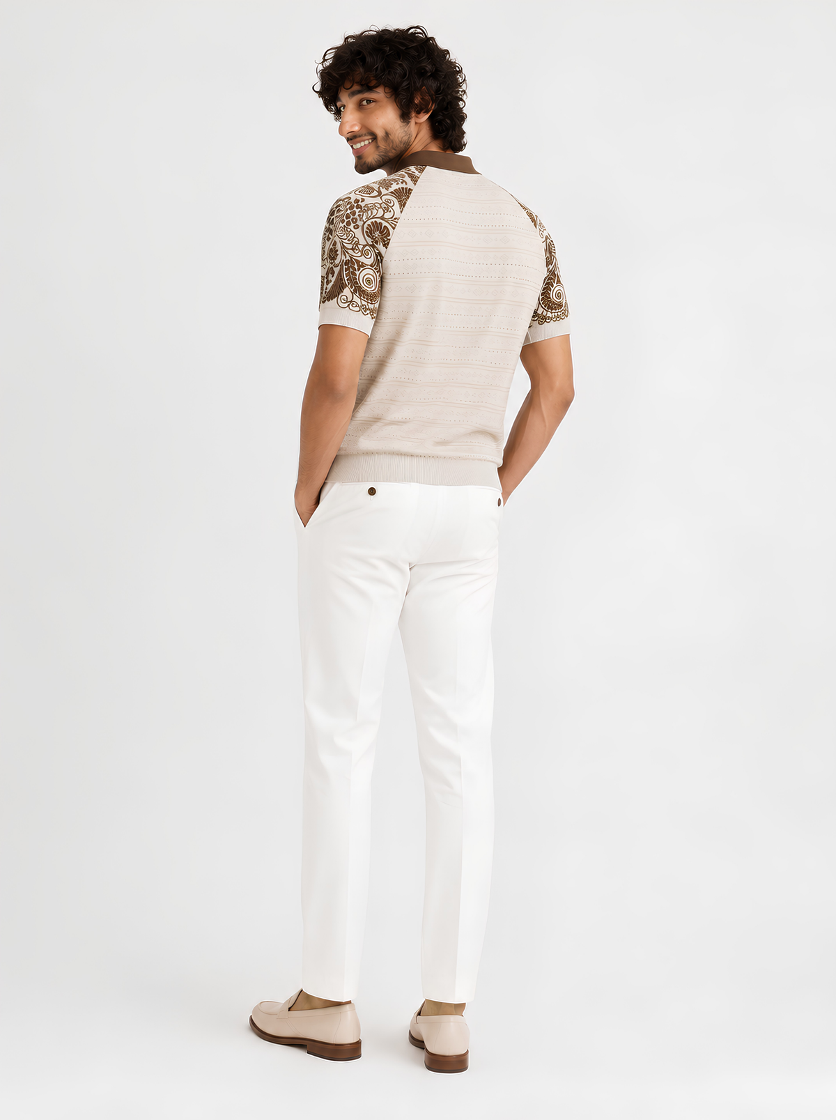 Ivory Paisley Sleeve Knit Polo - Cream & Brown by Cord Cult - back view