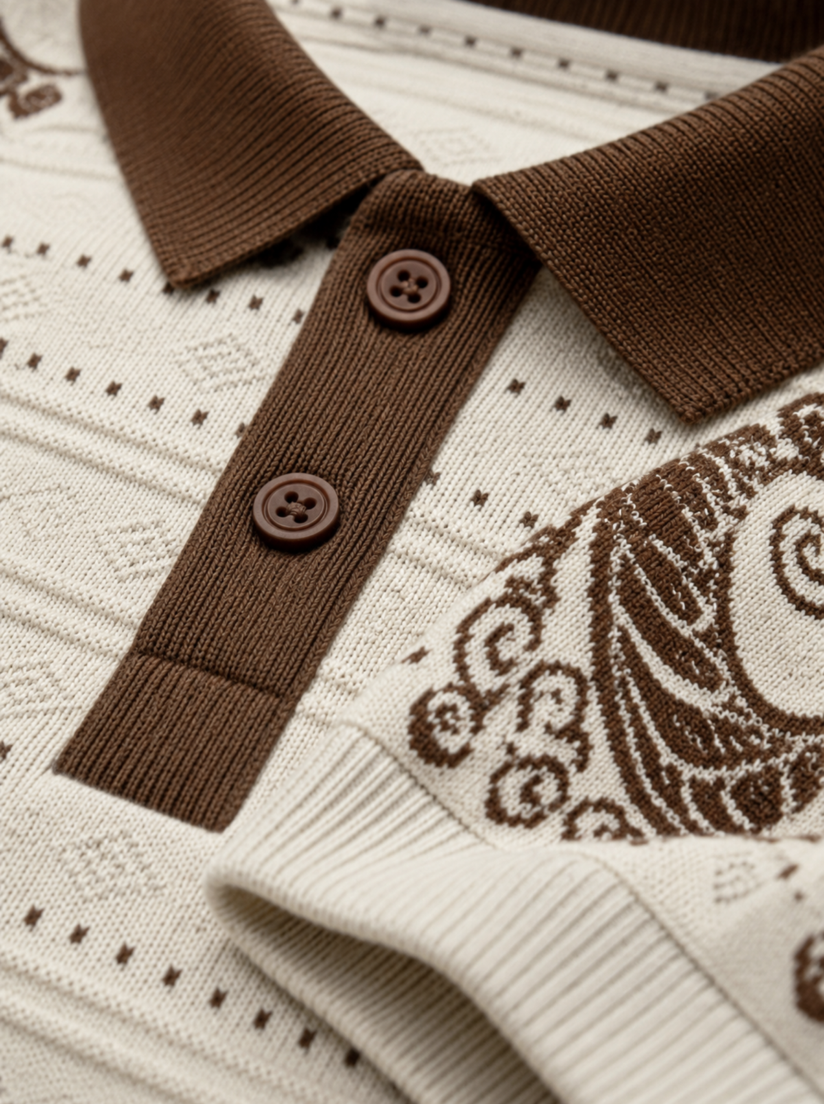 Ivory Paisley Sleeve Knit Polo - Cream & Brown by Cord Cult - detail view