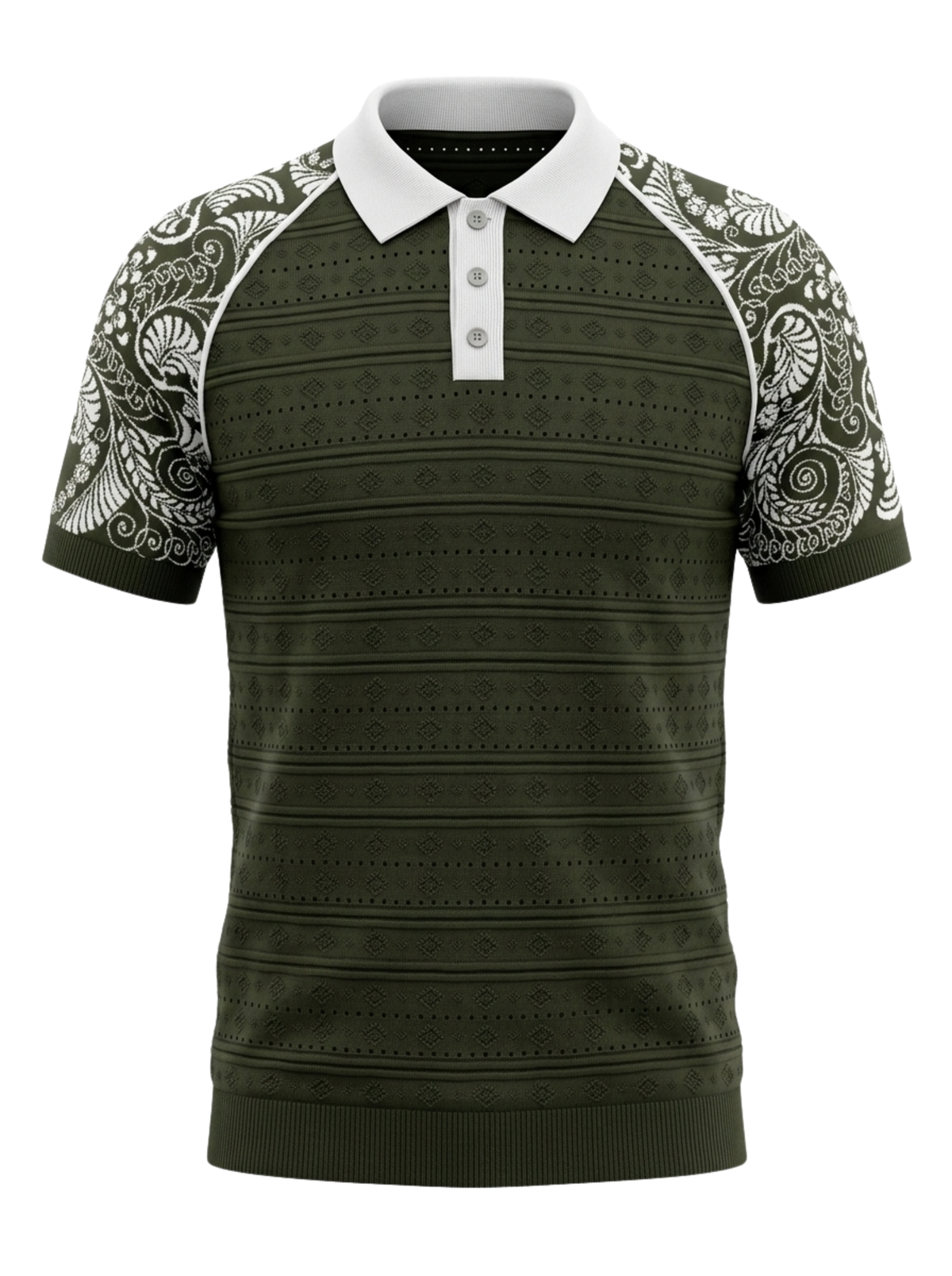 Olive Paisley Sleeve Knit Polo - Olive & White by Cord Cult - front view