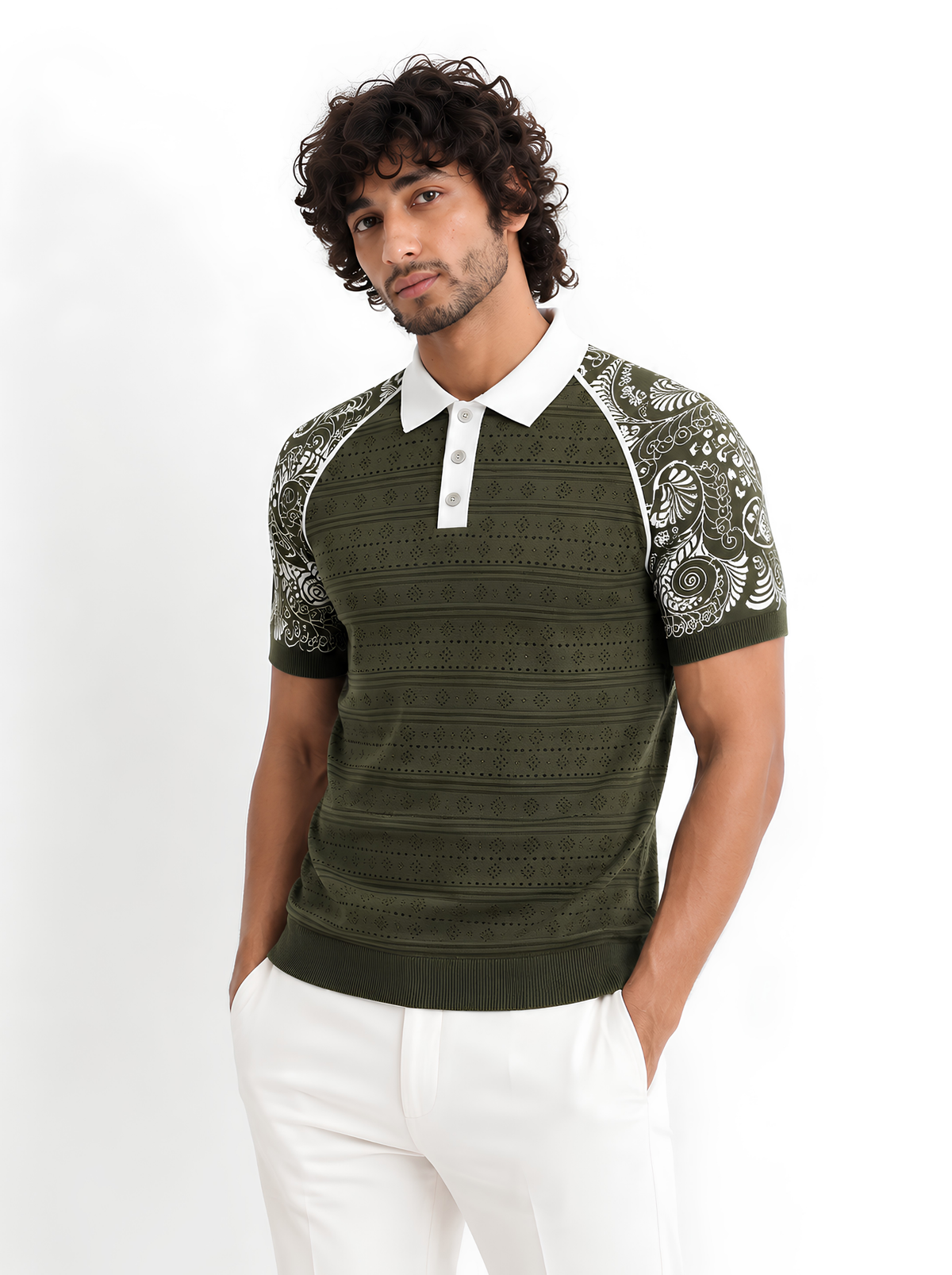 Olive Paisley Sleeve Knit Polo - Olive & White by Cord Cult - on-model view