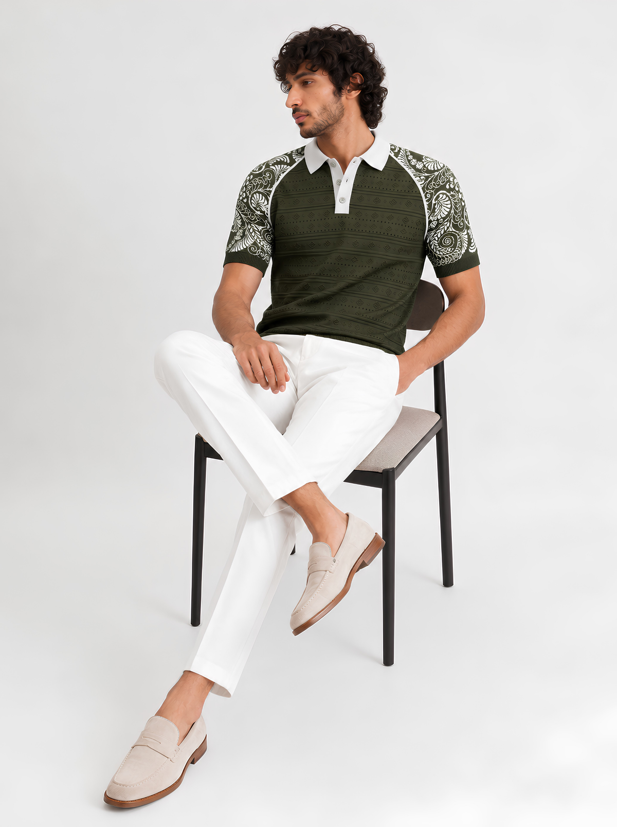 Olive Paisley Sleeve Knit Polo - Olive & White by Cord Cult - styled view