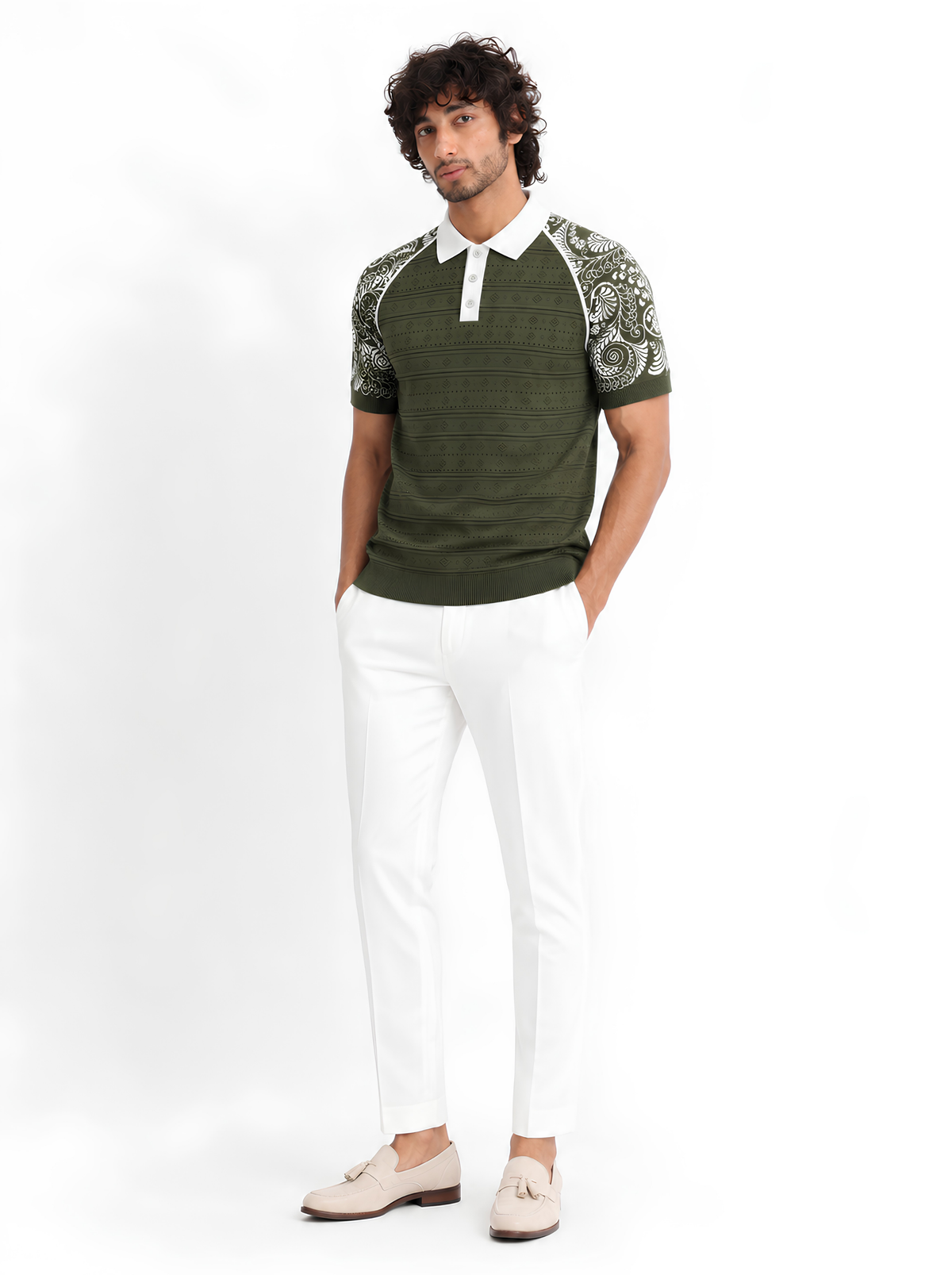 Olive Paisley Sleeve Knit Polo - Olive & White by Cord Cult - side view