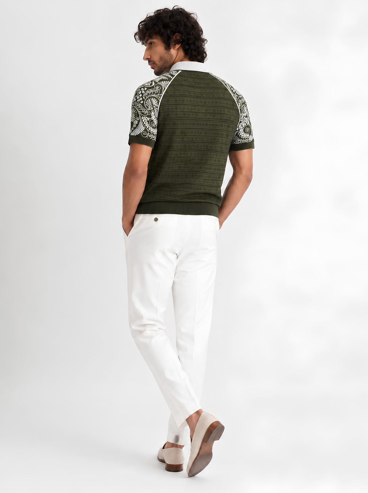 Olive Paisley Sleeve Knit Polo - Olive & White by Cord Cult - back view