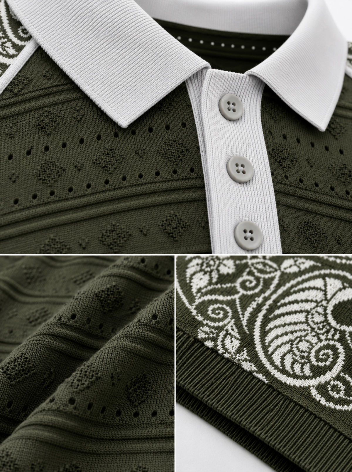 Olive Paisley Sleeve Knit Polo - Olive & White by Cord Cult - detail view