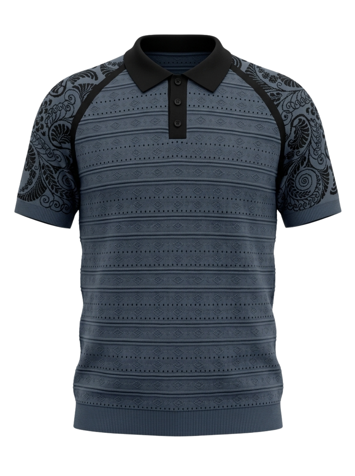 Slate Paisley Sleeve Knit Polo - Slate Blue & Black by Cord Cult - front view