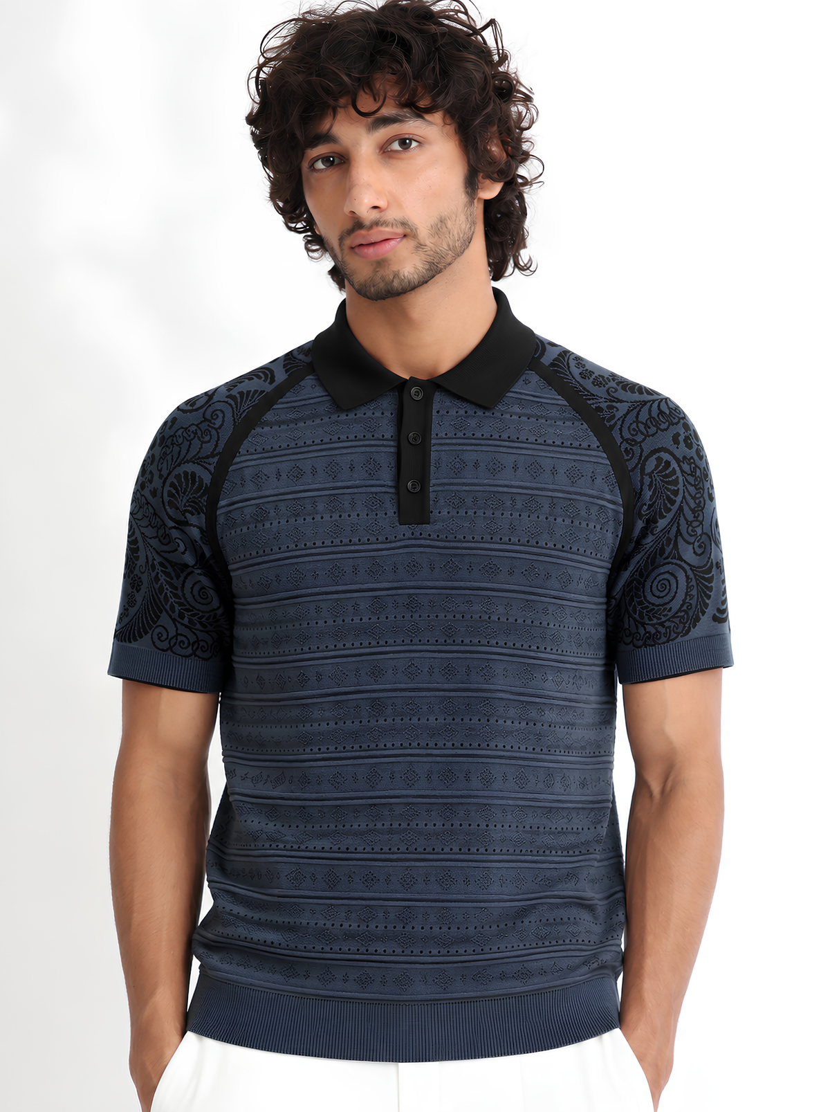 Slate Paisley Sleeve Knit Polo - Slate Blue & Black by Cord Cult - on-model view