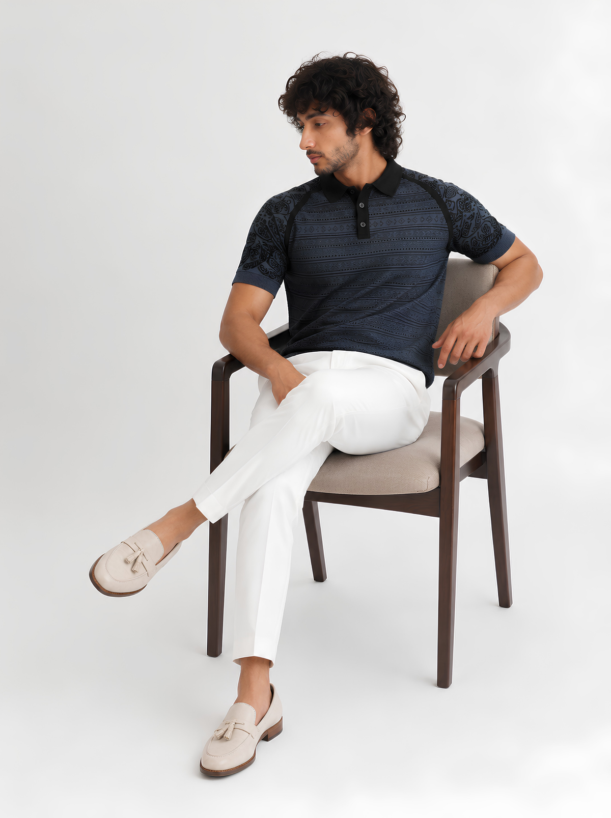 Slate Paisley Sleeve Knit Polo - Slate Blue & Black by Cord Cult - styled view
