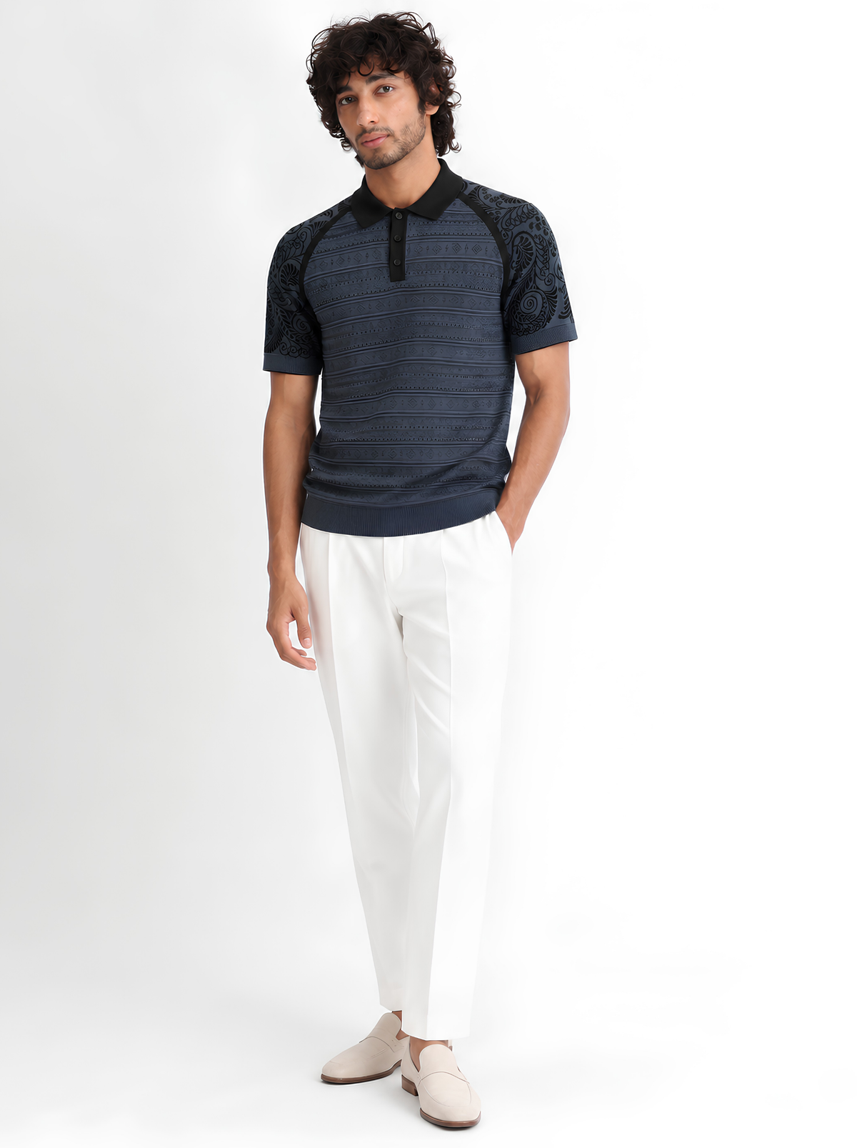 Slate Paisley Sleeve Knit Polo - Slate Blue & Black by Cord Cult - side view