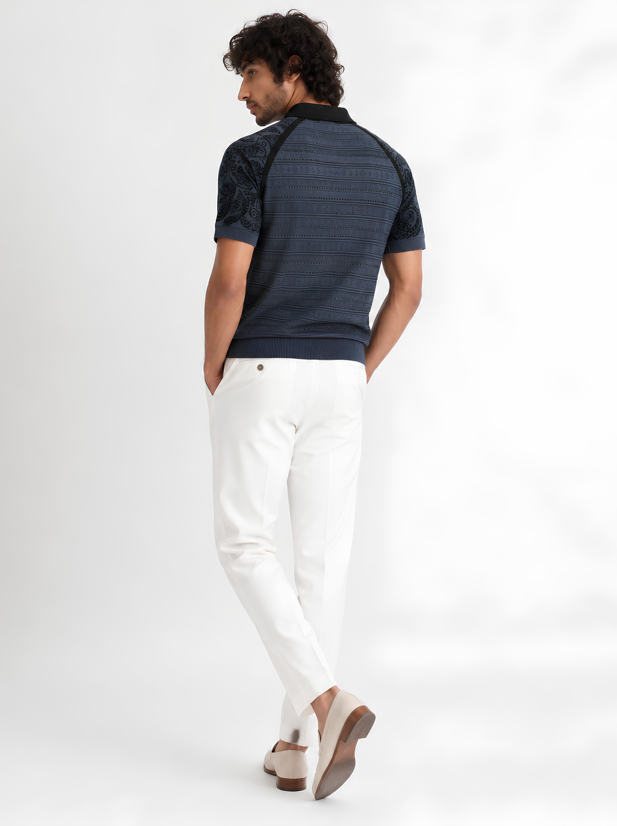 Slate Paisley Sleeve Knit Polo - Slate Blue & Black by Cord Cult - back view