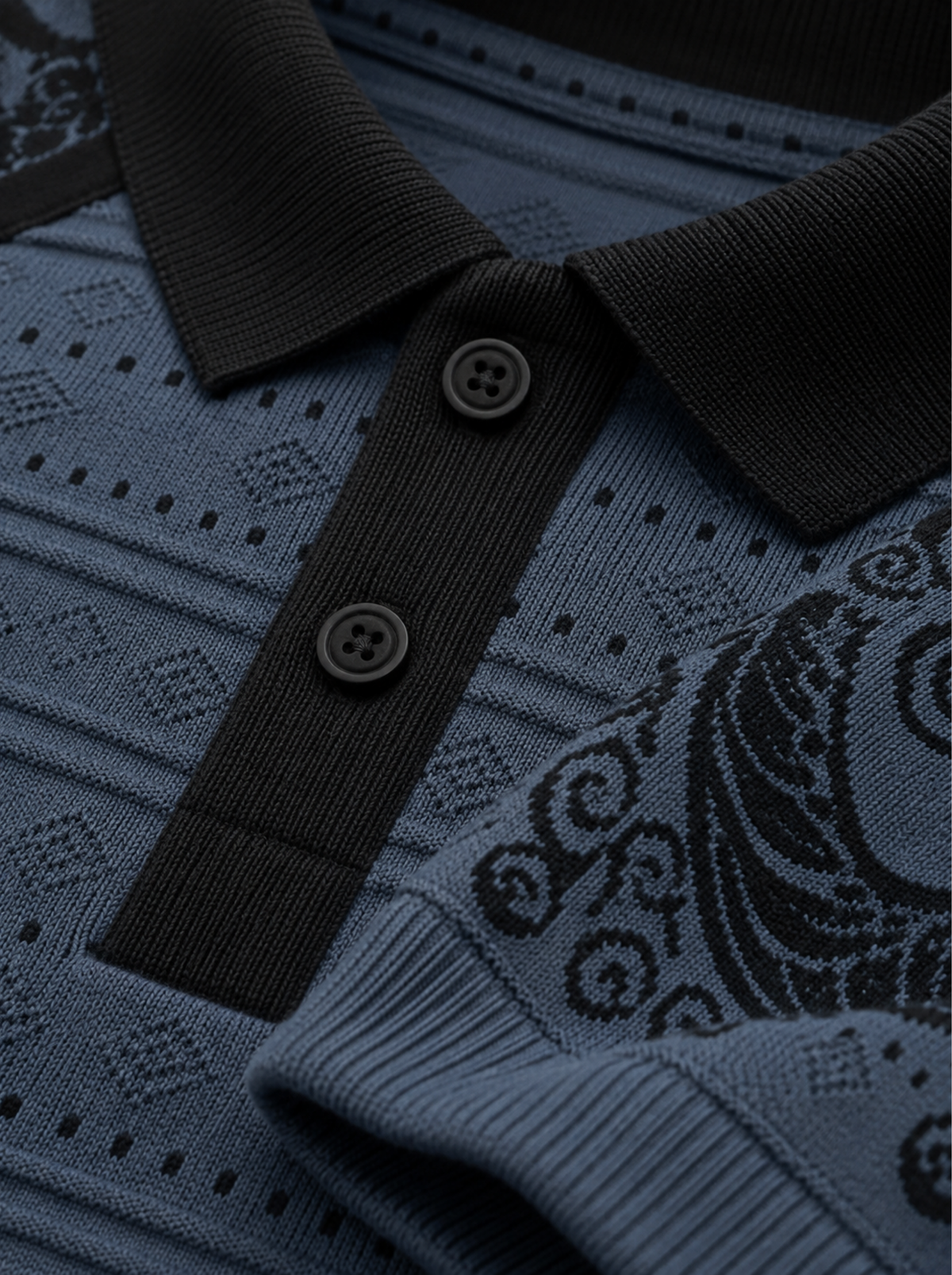 Slate Paisley Sleeve Knit Polo - Slate Blue & Black by Cord Cult - detail view