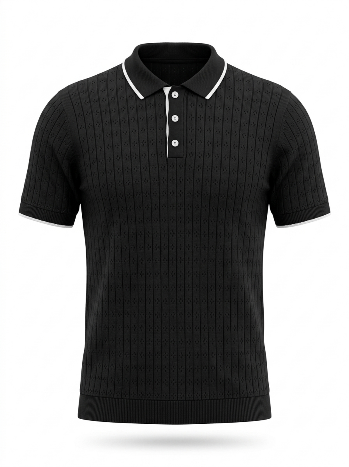 Monochrome Pointelle Knit Polo - Black & White by Cord Cult - front view