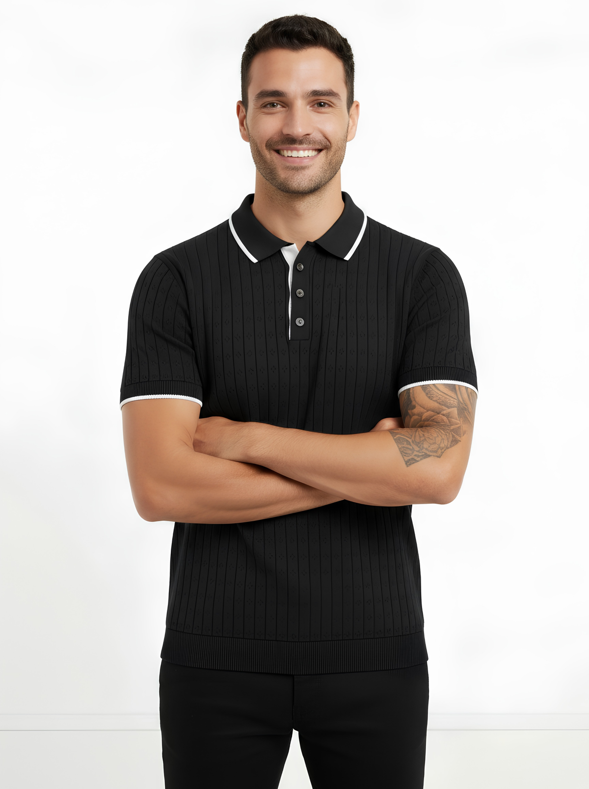 Monochrome Pointelle Knit Polo - Black & White by Cord Cult - on-model view