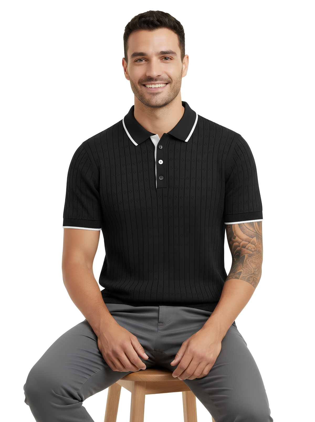 Monochrome Pointelle Knit Polo - Black & White by Cord Cult - styled view