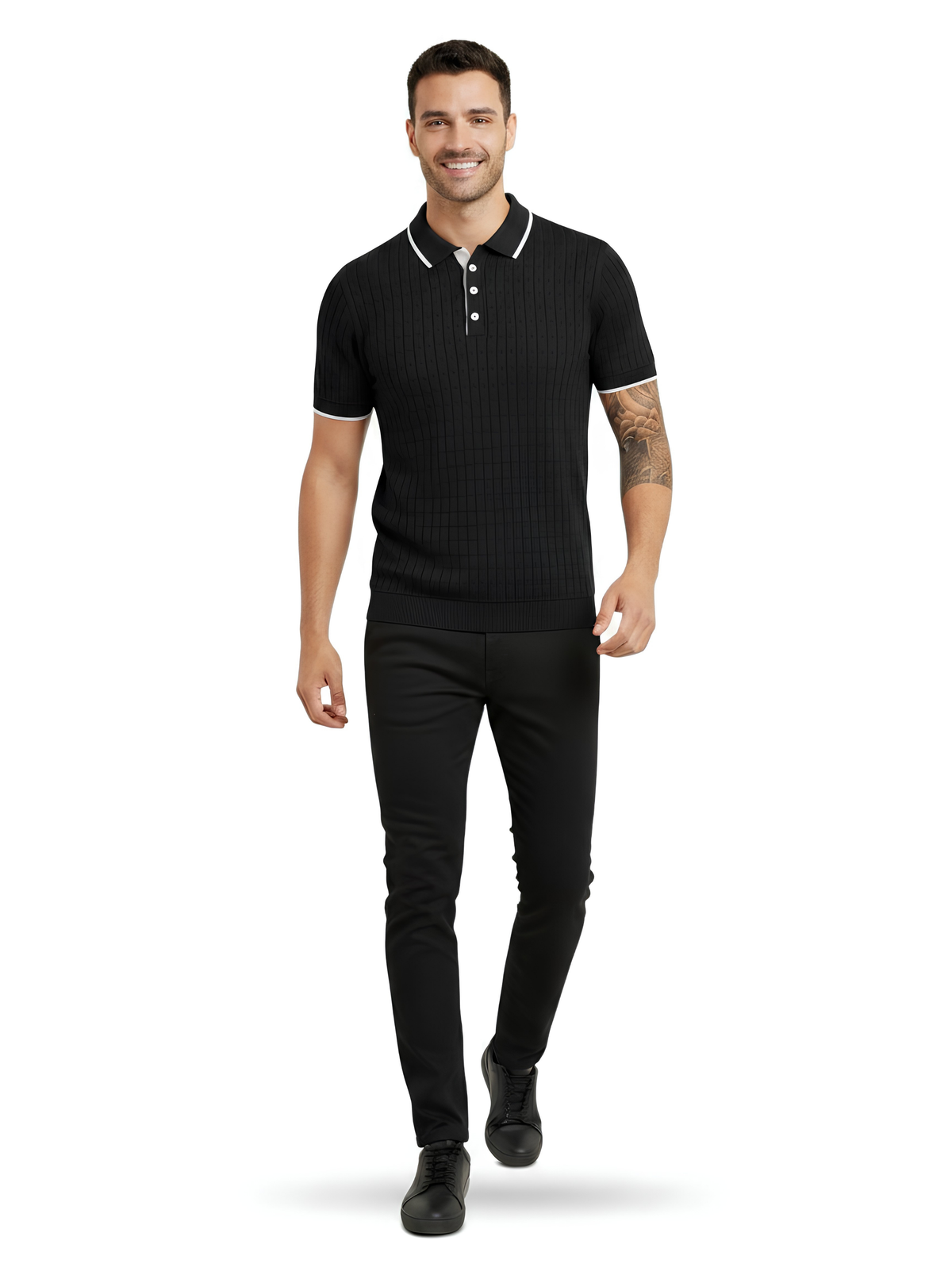 Monochrome Pointelle Knit Polo - Black & White by Cord Cult - side view