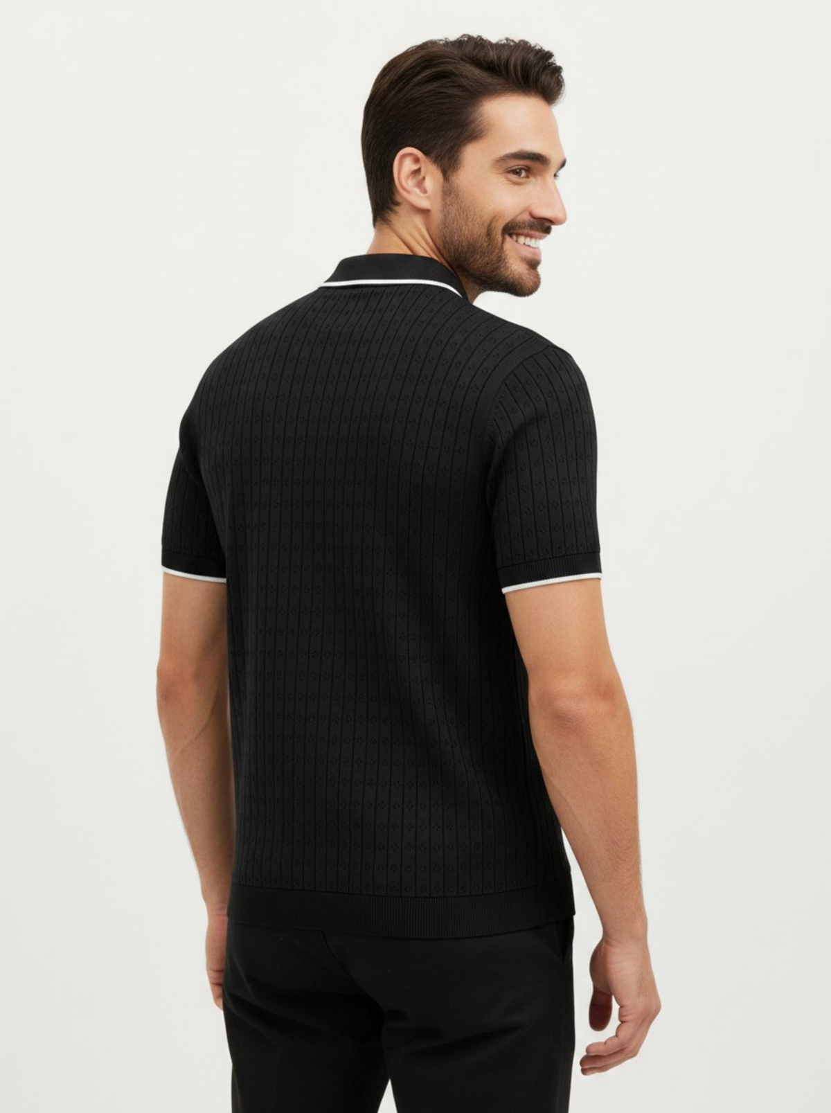 Monochrome Pointelle Knit Polo - Black & White by Cord Cult - back view