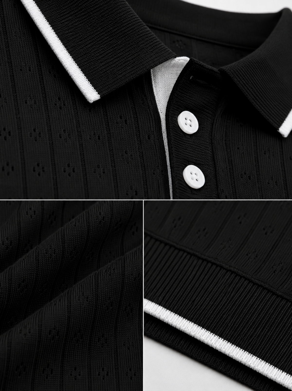 Monochrome Pointelle Knit Polo - Black & White by Cord Cult - detail view