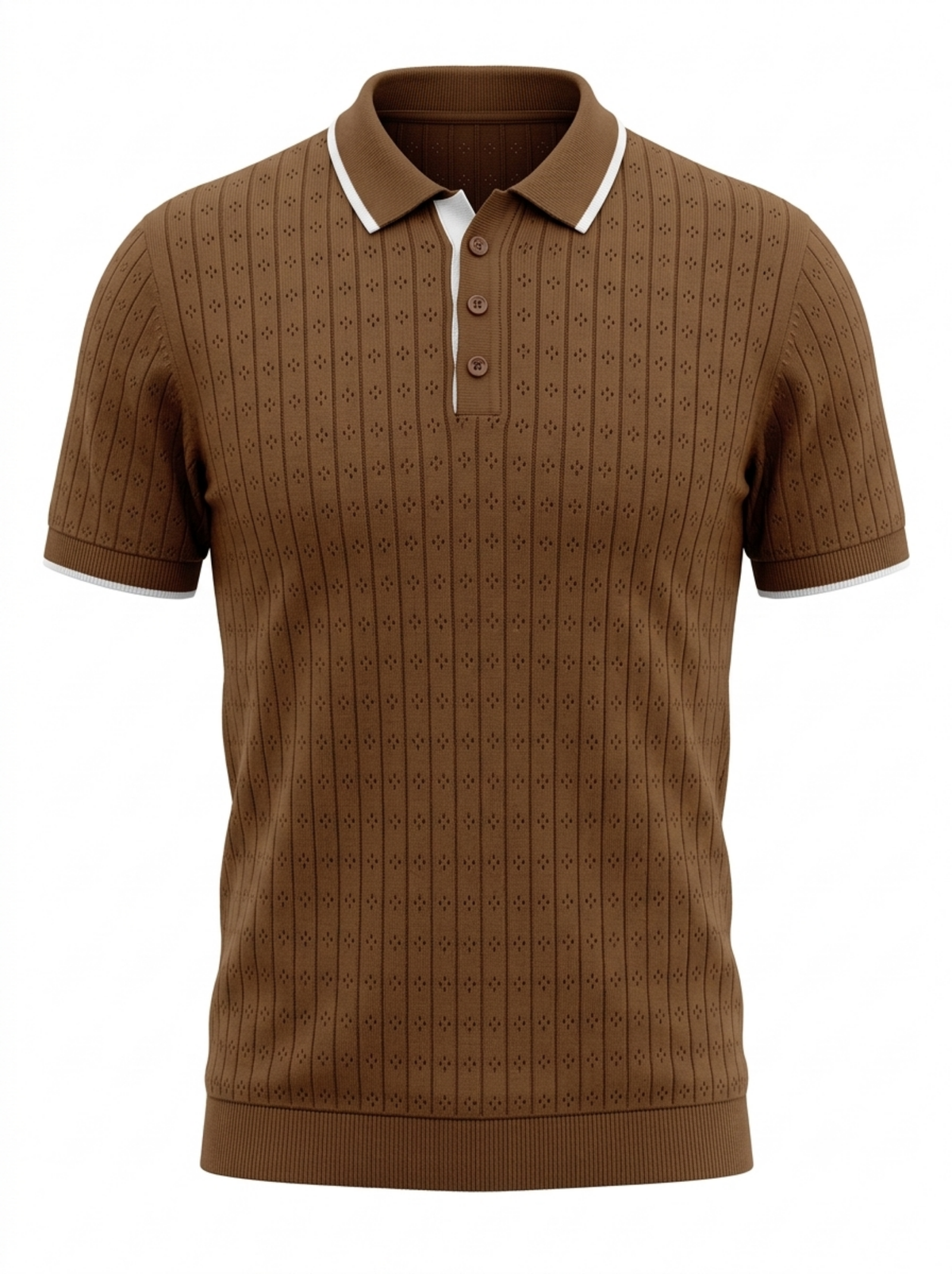 Mocha Pointelle Knit Polo - Brown & White by Cord Cult - front view