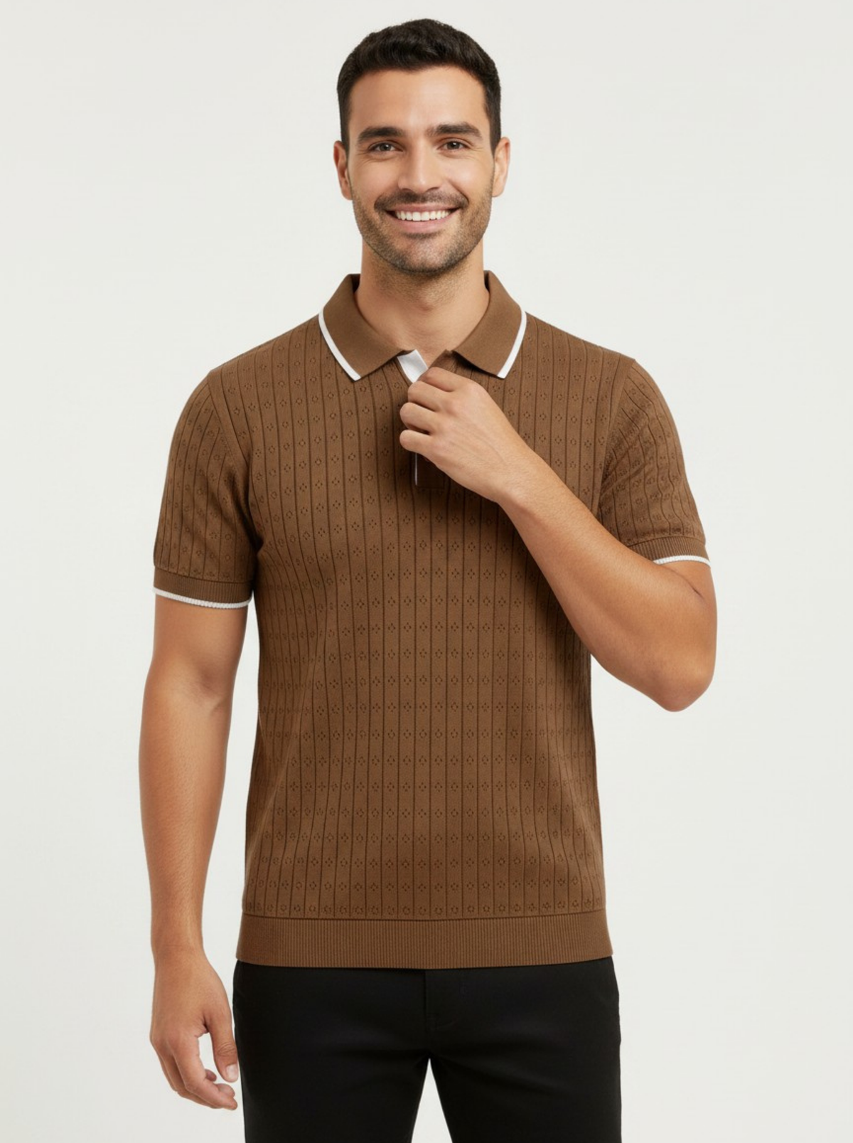 Mocha Pointelle Knit Polo - Brown & White by Cord Cult - on-model view