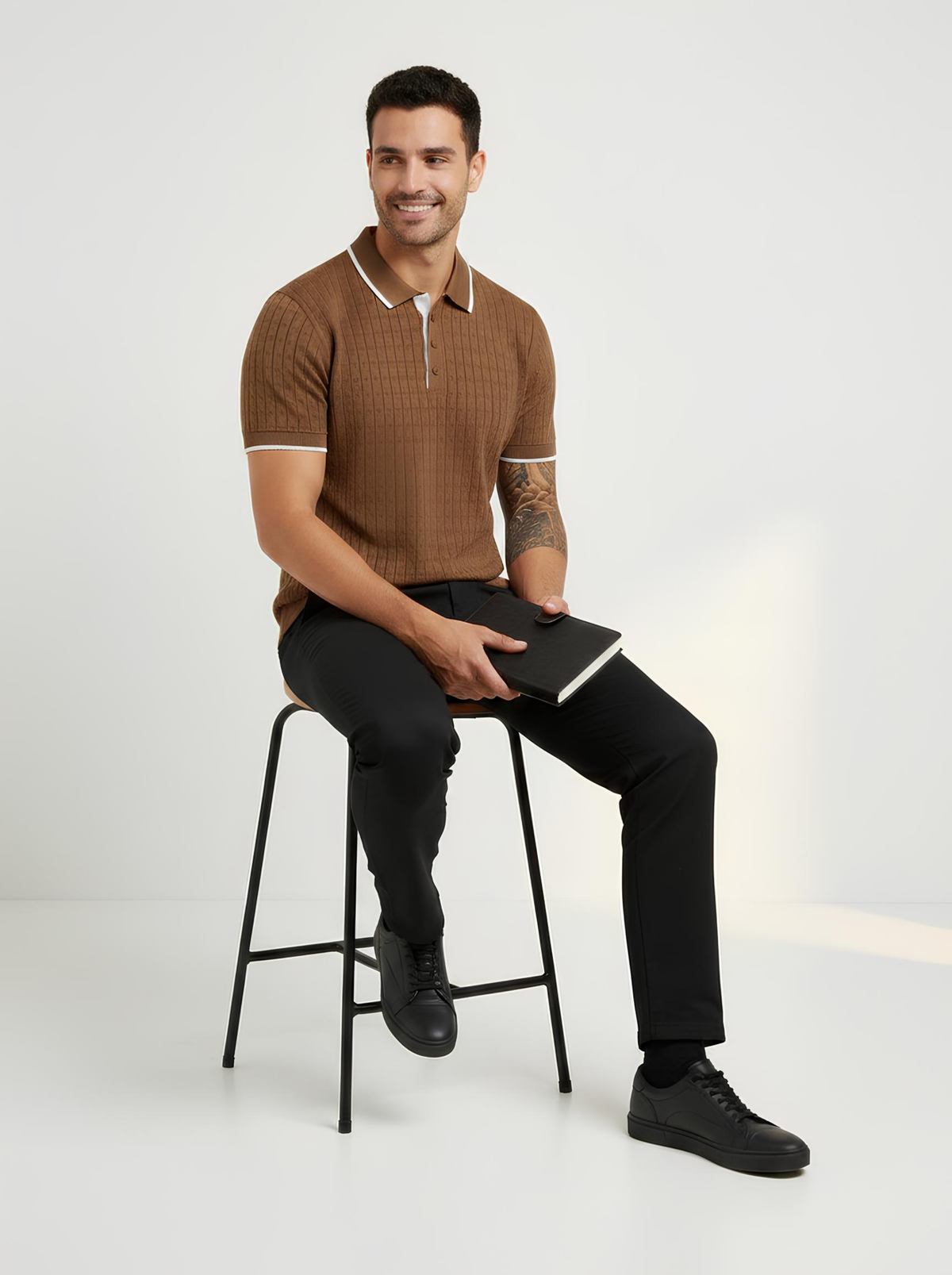 Mocha Pointelle Knit Polo - Brown & White by Cord Cult - styled view