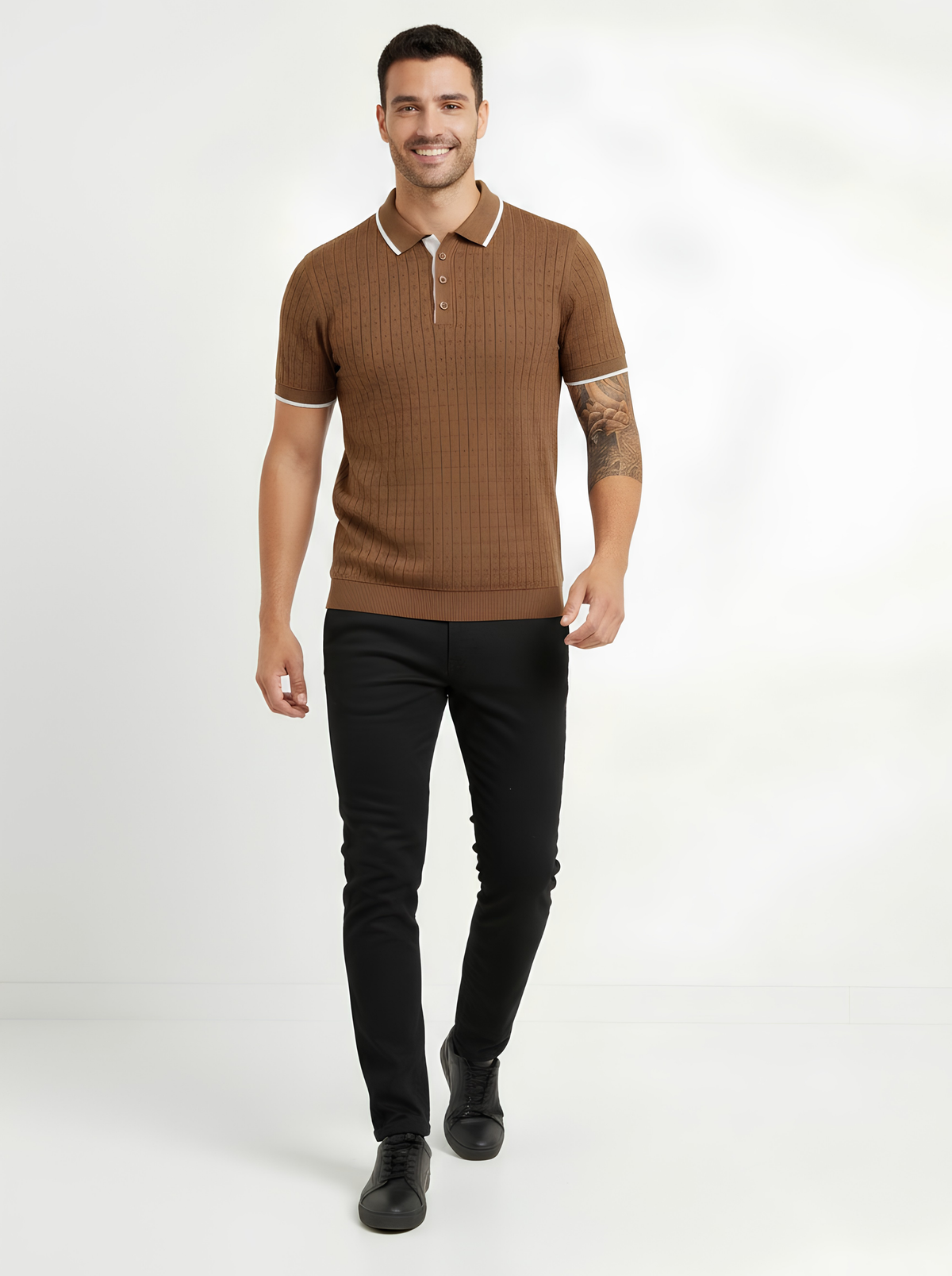 Mocha Pointelle Knit Polo - Brown & White by Cord Cult - side view