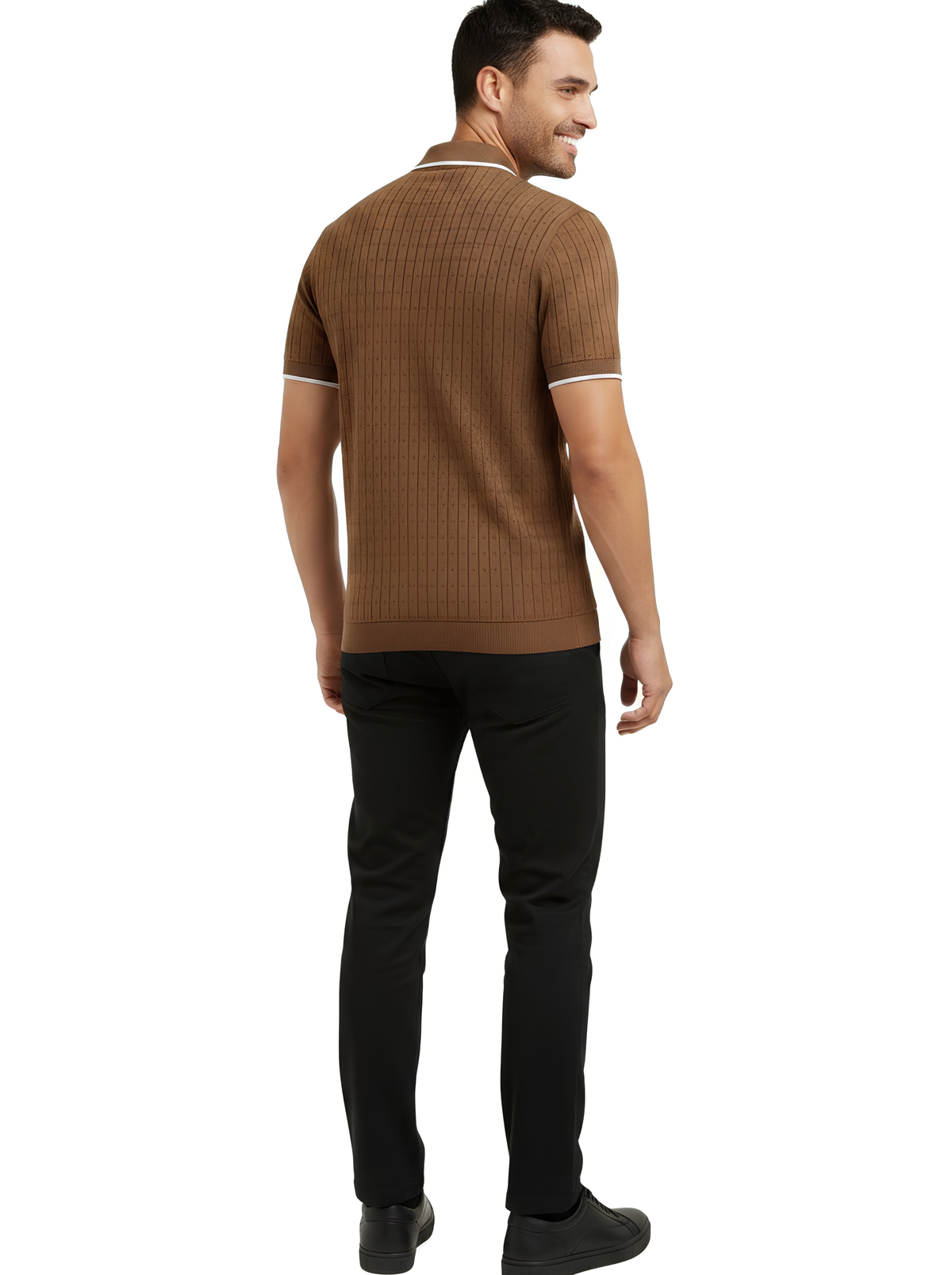 Mocha Pointelle Knit Polo - Brown & White by Cord Cult - back view