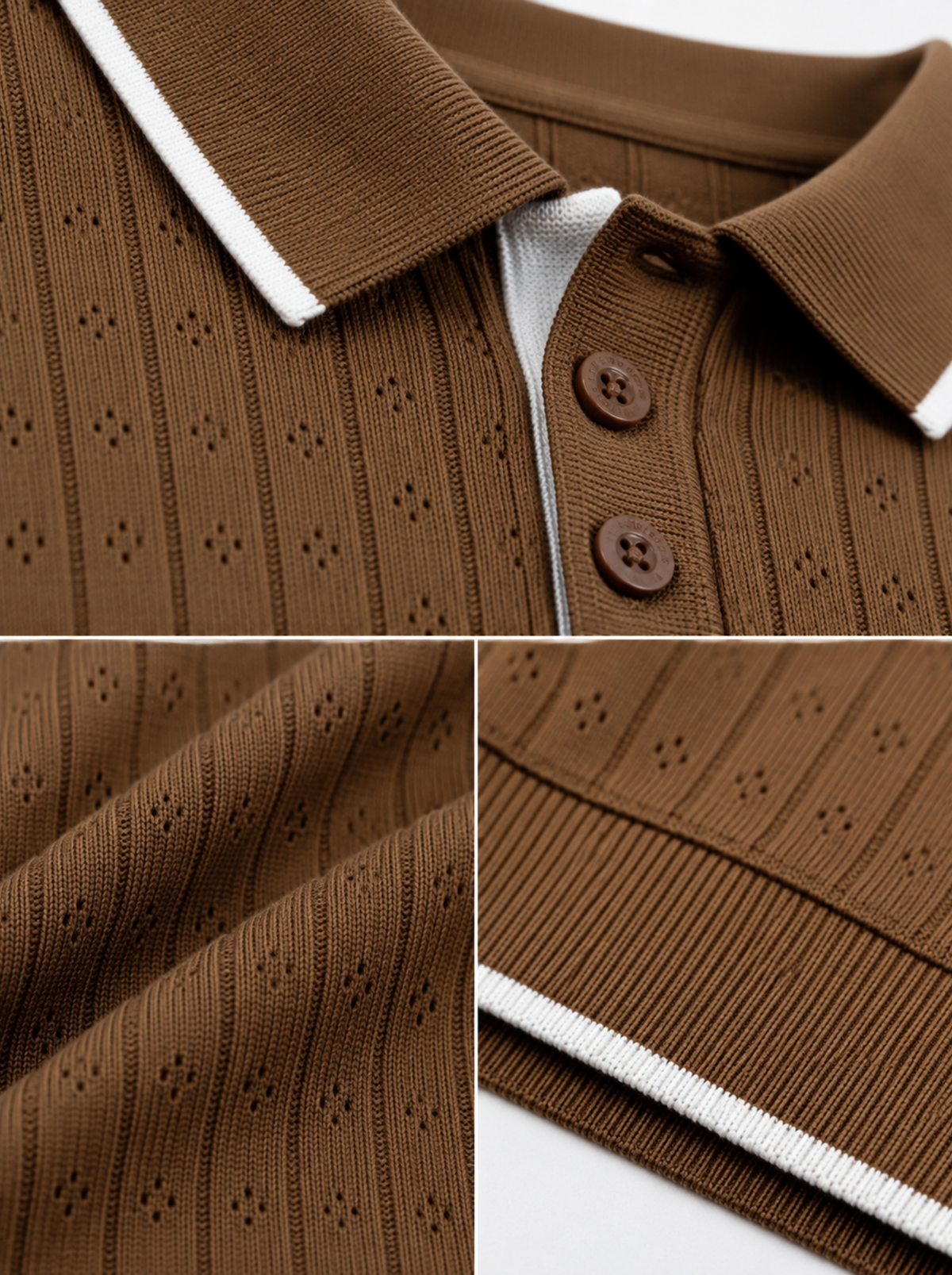 Mocha Pointelle Knit Polo - Brown & White by Cord Cult - detail view