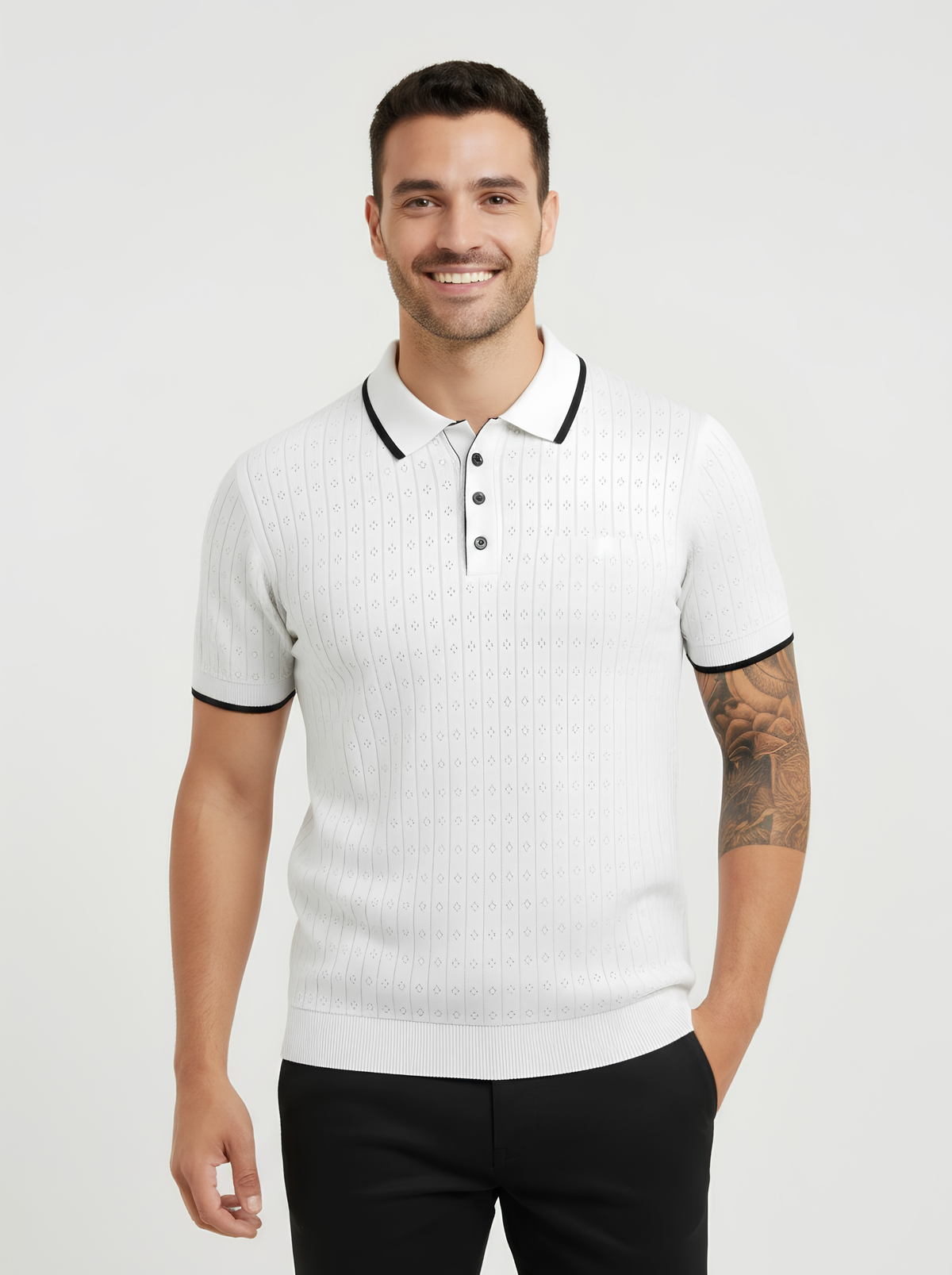 Whiteout Pointelle Knit Polo - White & Black by Cord Cult - on-model view