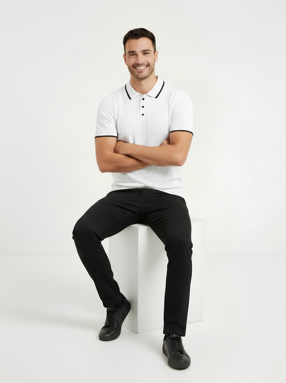 Whiteout Pointelle Knit Polo - White & Black by Cord Cult - styled view