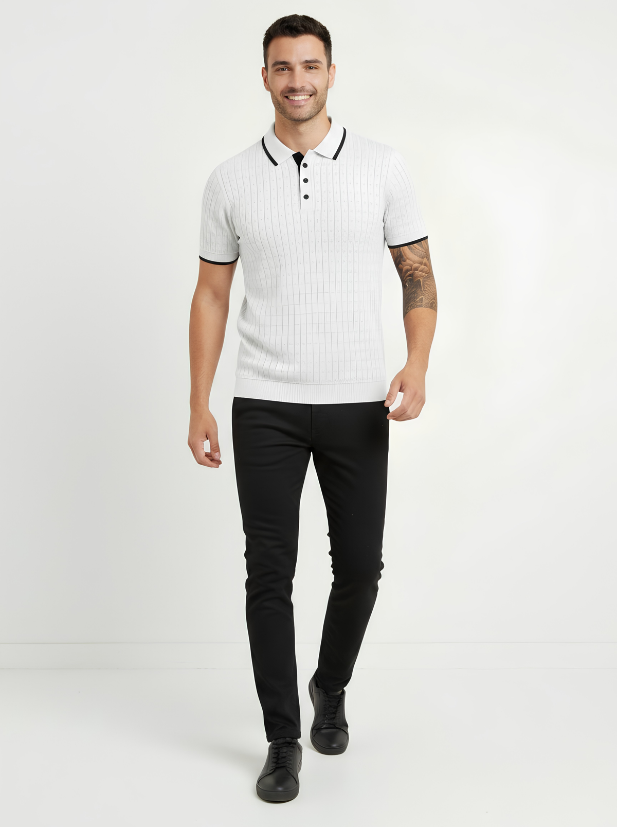Whiteout Pointelle Knit Polo - White & Black by Cord Cult - side view