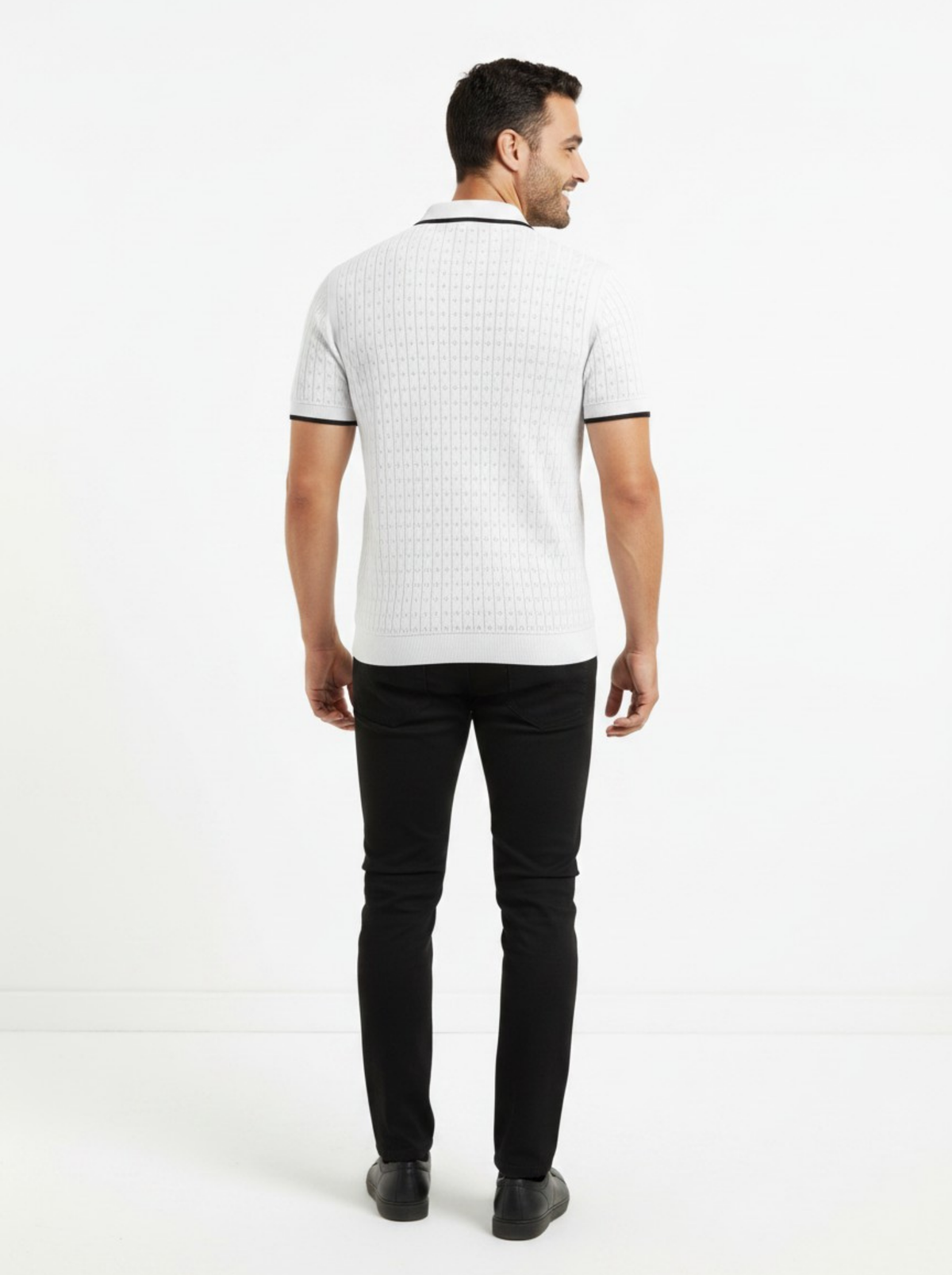 Whiteout Pointelle Knit Polo - White & Black by Cord Cult - back view