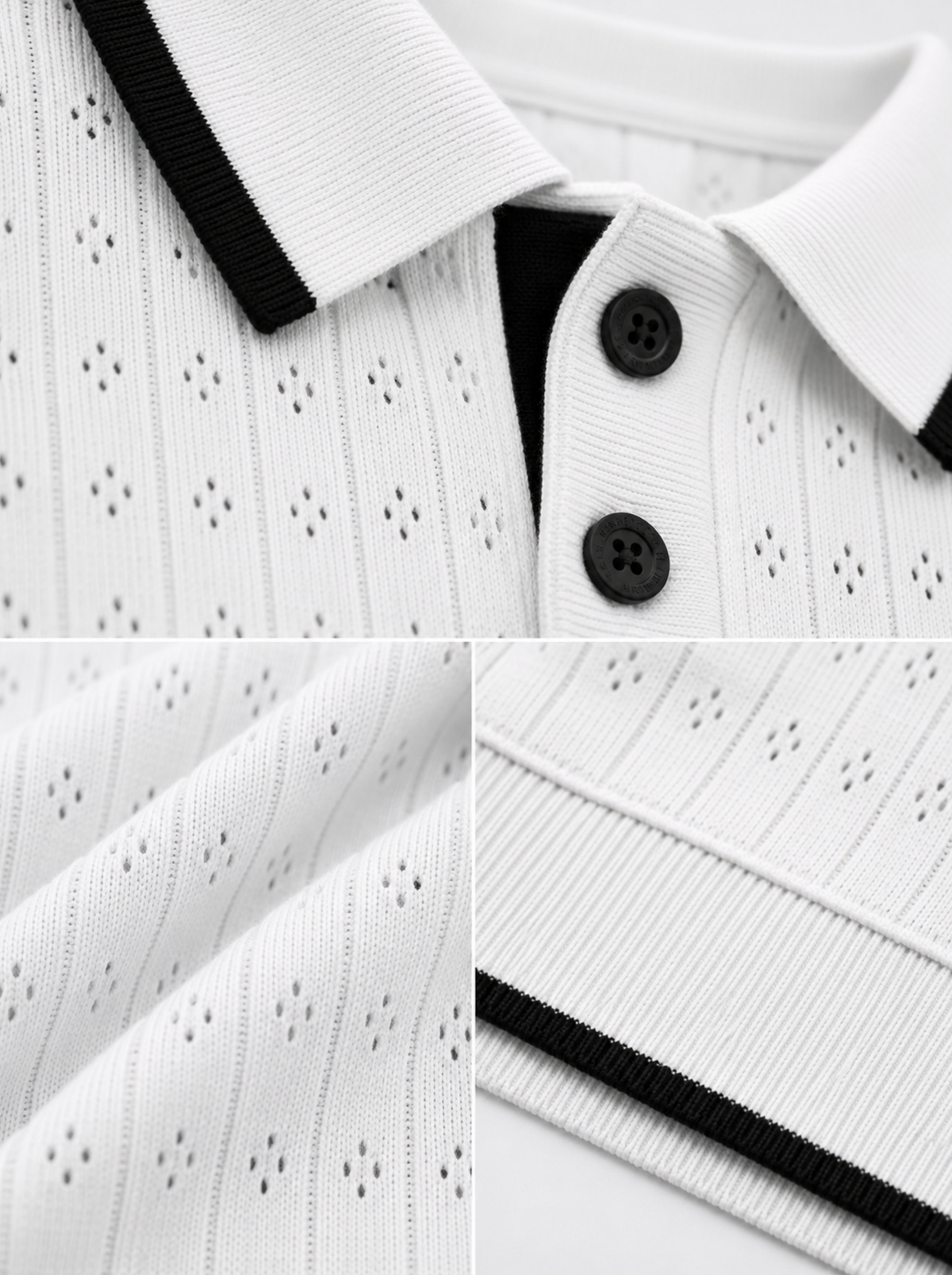 Whiteout Pointelle Knit Polo - White & Black by Cord Cult - detail view