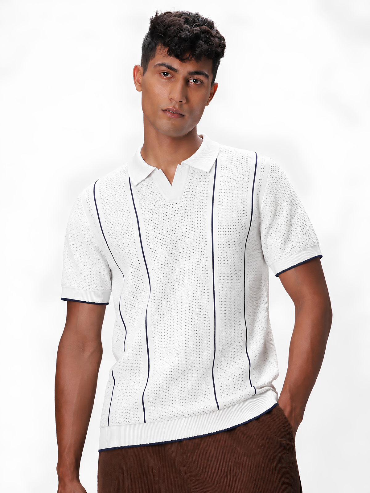 Whitepoint Pointelle Stripe Knit Polo - White by Cord Cult - on-model view