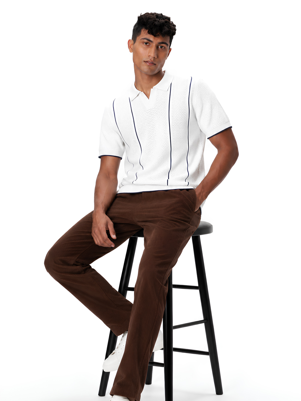 Whitepoint Pointelle Stripe Knit Polo - White by Cord Cult - styled view