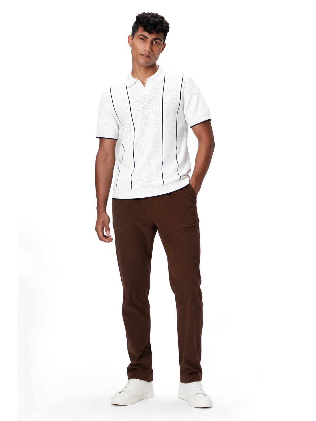 Whitepoint Pointelle Stripe Knit Polo - White by Cord Cult - side view
