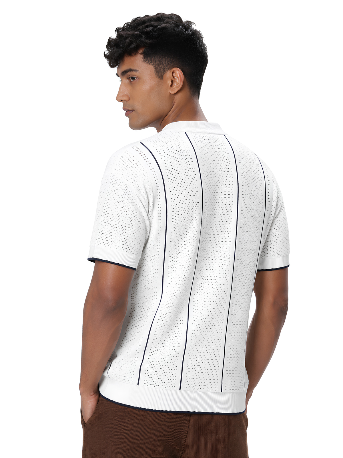 Whitepoint Pointelle Stripe Knit Polo - White by Cord Cult - back view