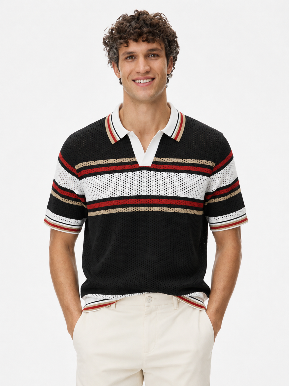 Riot Retro Stripe Knit Polo - Black & Red by Cord Cult - on-model view