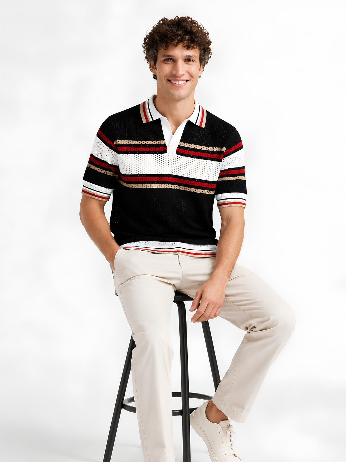 Riot Retro Stripe Knit Polo - Black & Red by Cord Cult - styled view