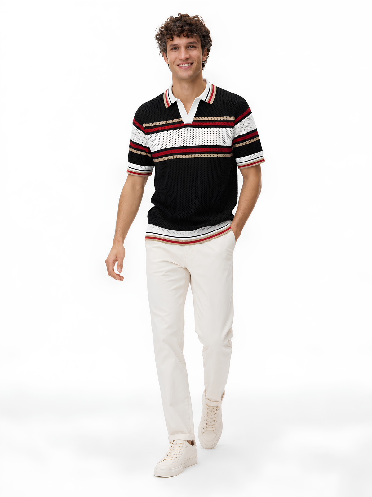 Riot Retro Stripe Knit Polo - Black & Red by Cord Cult - side view