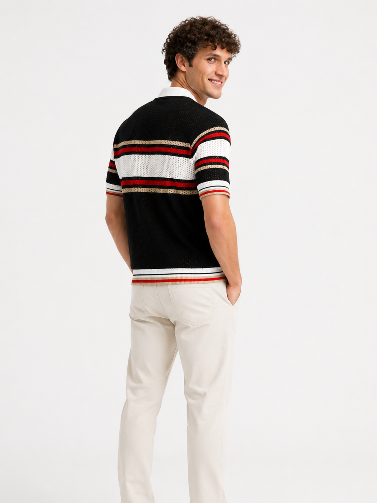 Riot Retro Stripe Knit Polo - Black & Red by Cord Cult - back view