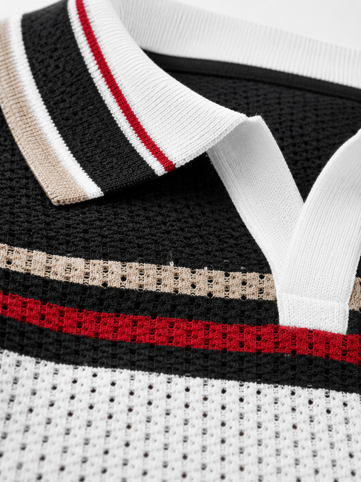 Riot Retro Stripe Knit Polo - Black & Red by Cord Cult - detail view