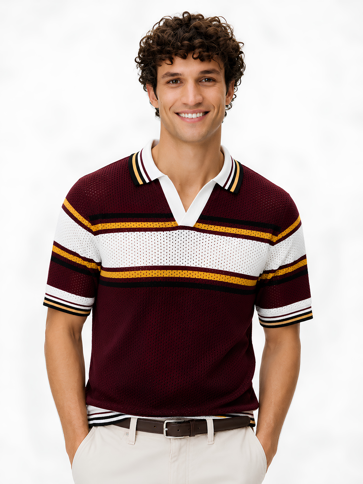 Merlot Retro Stripe Knit Polo - Burgundy by Cord Cult - on-model view